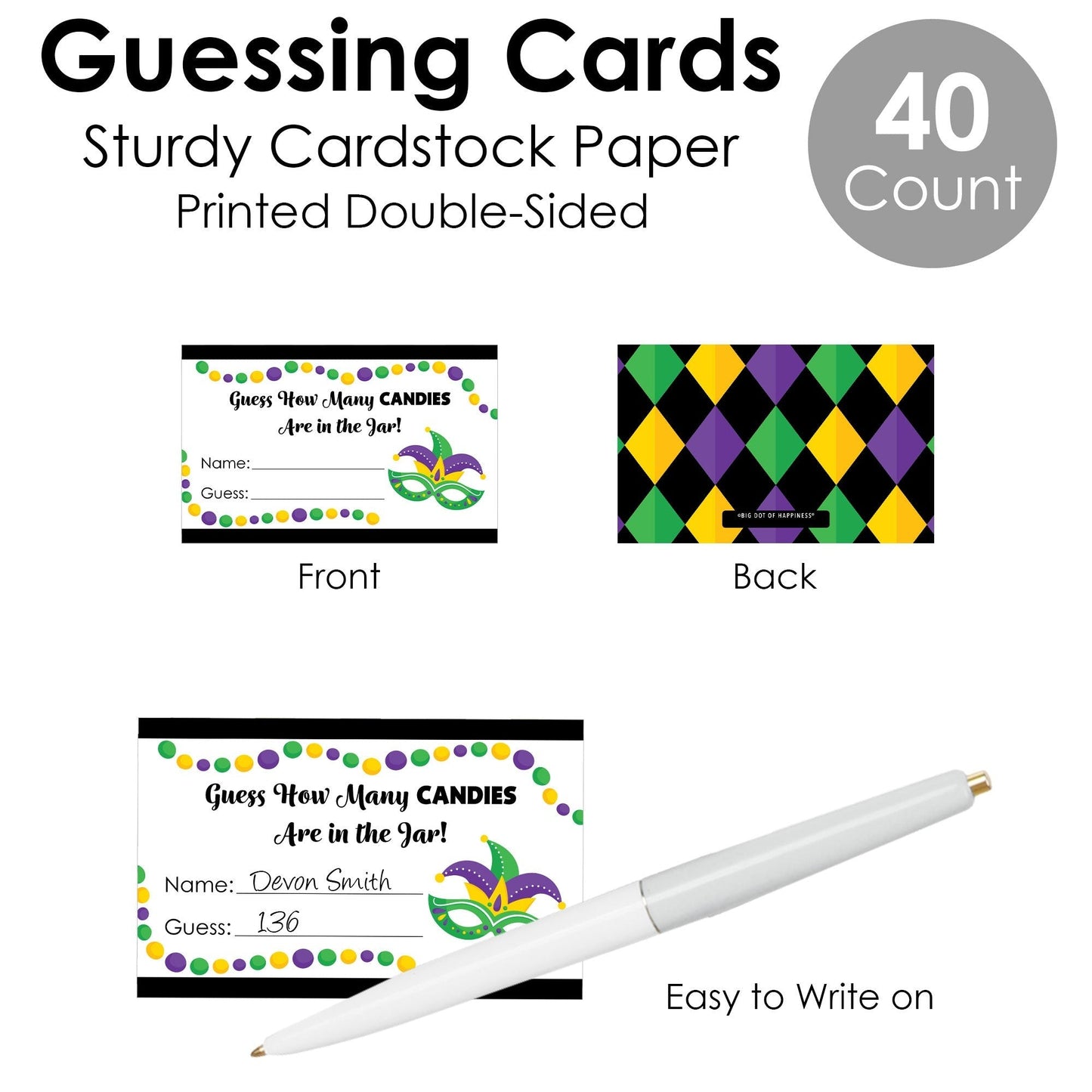 Colorful Mardi Gras Mask - How Many Candies Masquerade Party Game - 1 Stand and 40 Cards - Candy Guessing Game