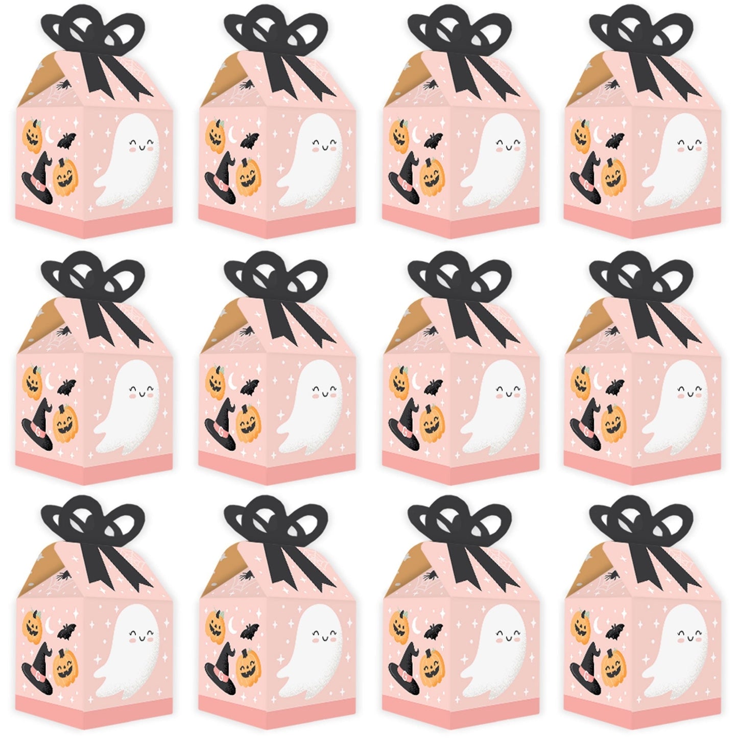 Pastel Halloween - Square Favor Gift Boxes - Pink Pumpkin Party Bow Boxes - Set of 12