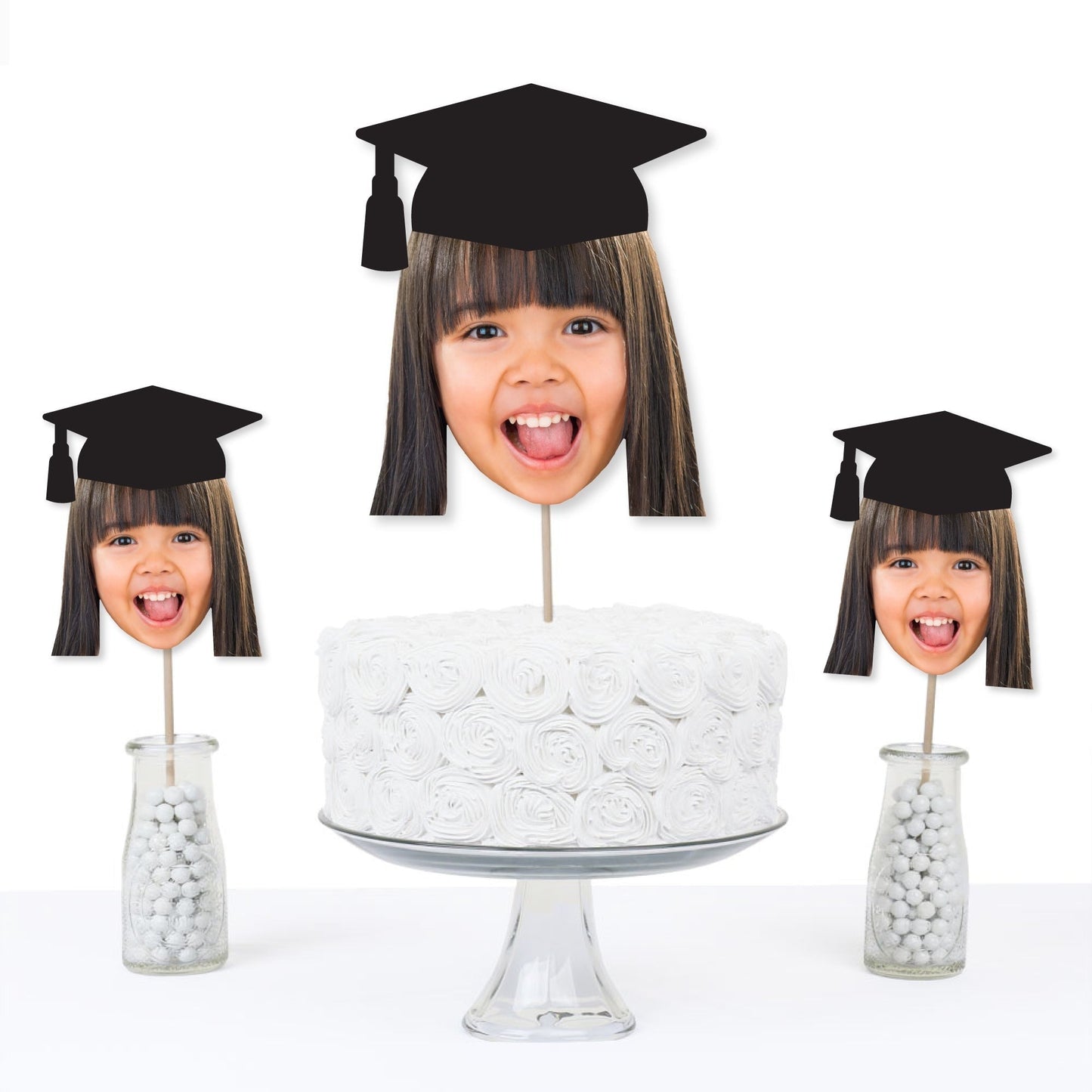 Grad Cap Fun Face Cutout Centerpiece Sticks - Custom Graduation Photo Head Cut Out Table Toppers - Upload 1 Photo - Set of 15
