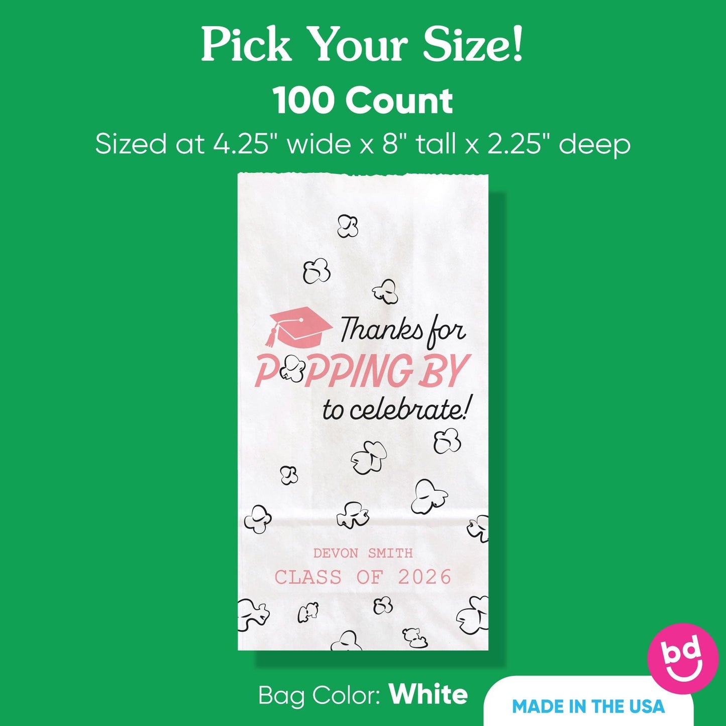 Custom Text Popcorn Bags - Pink Grad - 100 Ct