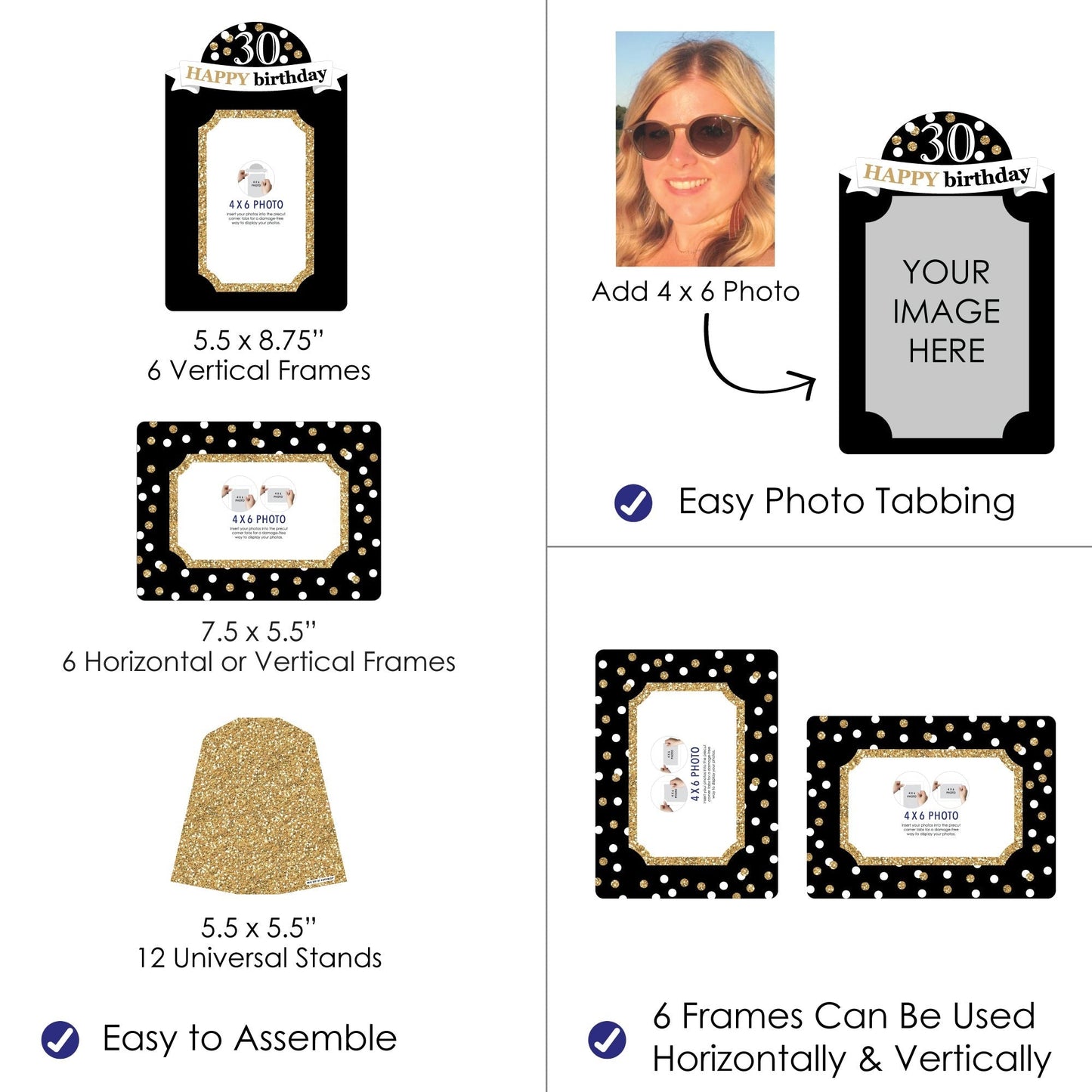 Adult 30th Birthday - Gold - Birthday Party 4x6 Picture Display - Paper Photo Frames - Set of 12