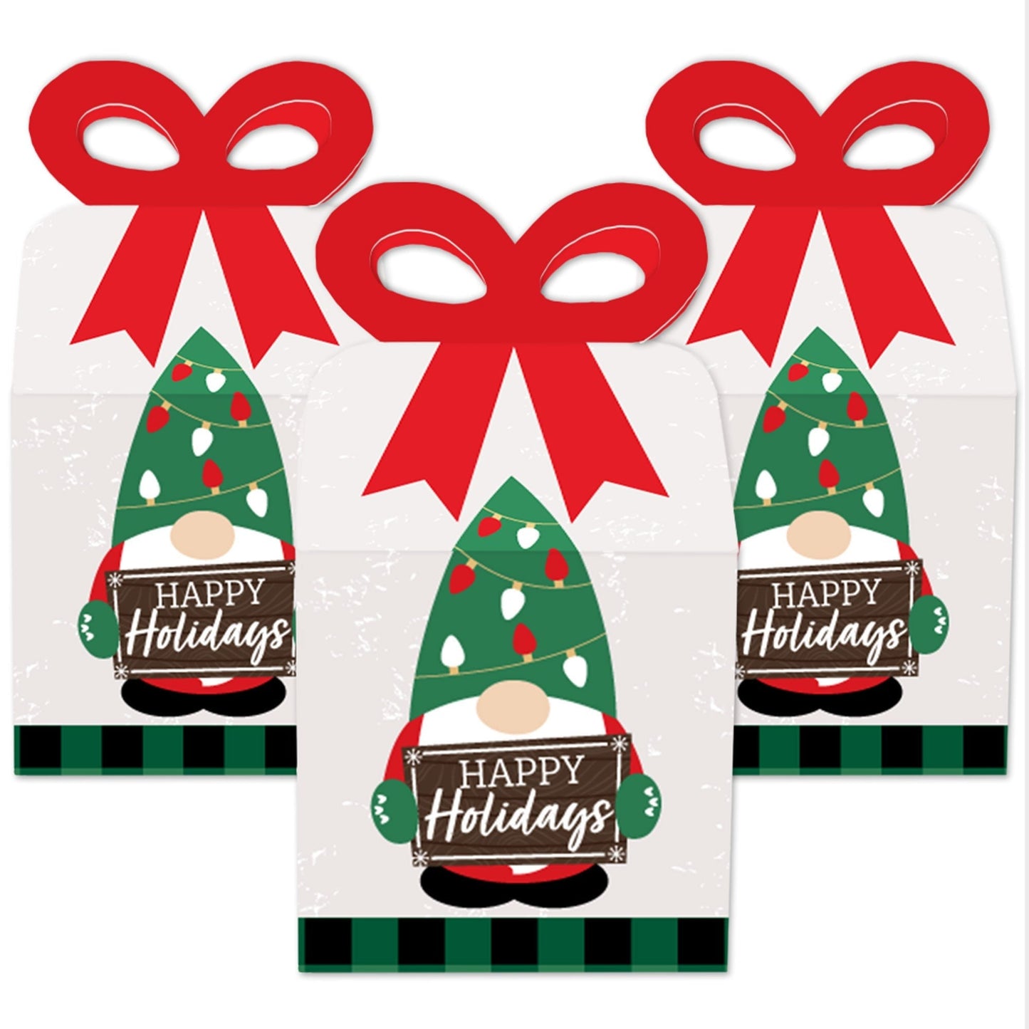 Red and Green Holiday Gnomes - Square Favor Gift Boxes - Christmas Party Bow Boxes - Set of 12