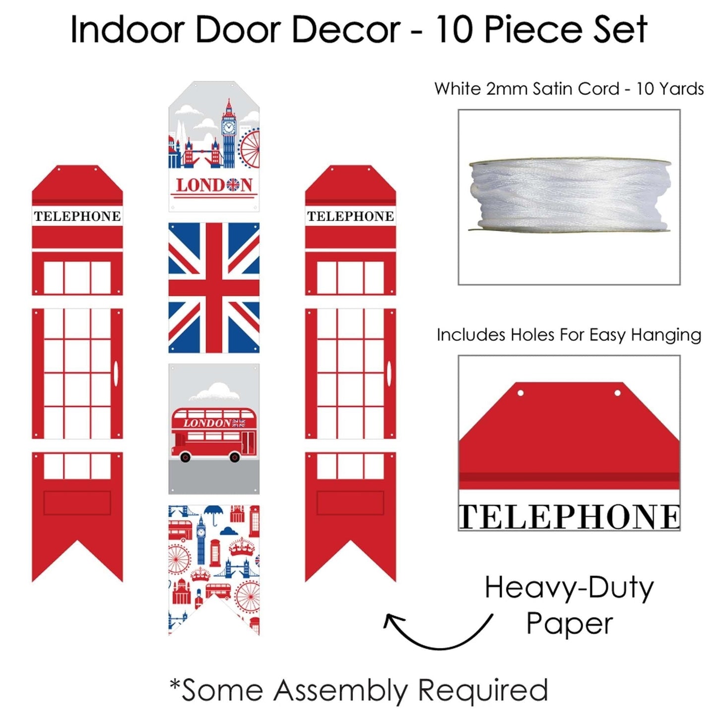 Cheerio, London - Hanging Vertical Paper Door Banners - British UK Party Wall Decoration Kit - Indoor Door Decor
