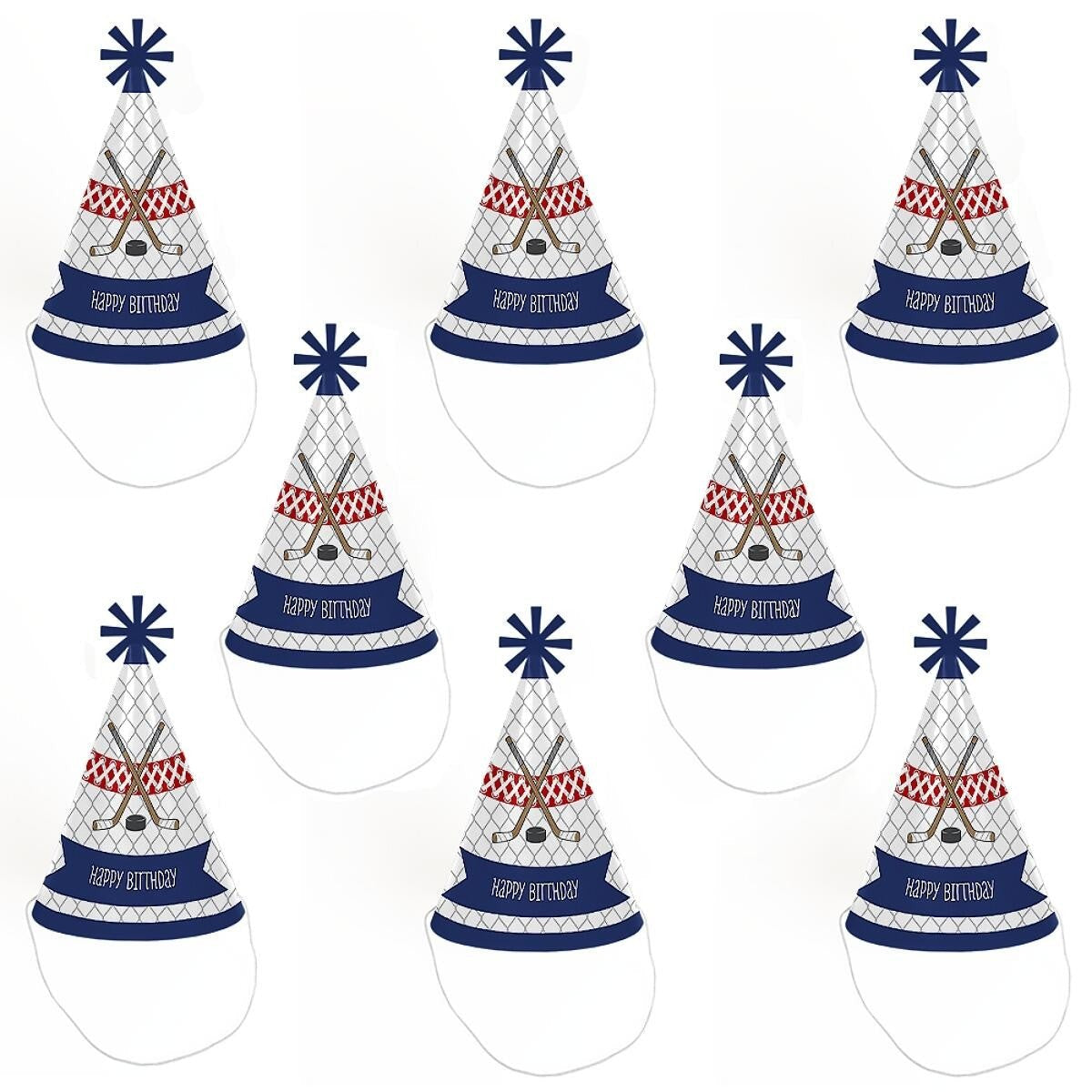 Shoots and Scores - Hockey - Cone Happy Birthday Party Hats for Kids and Adults - Set of 8 (Standard Size)