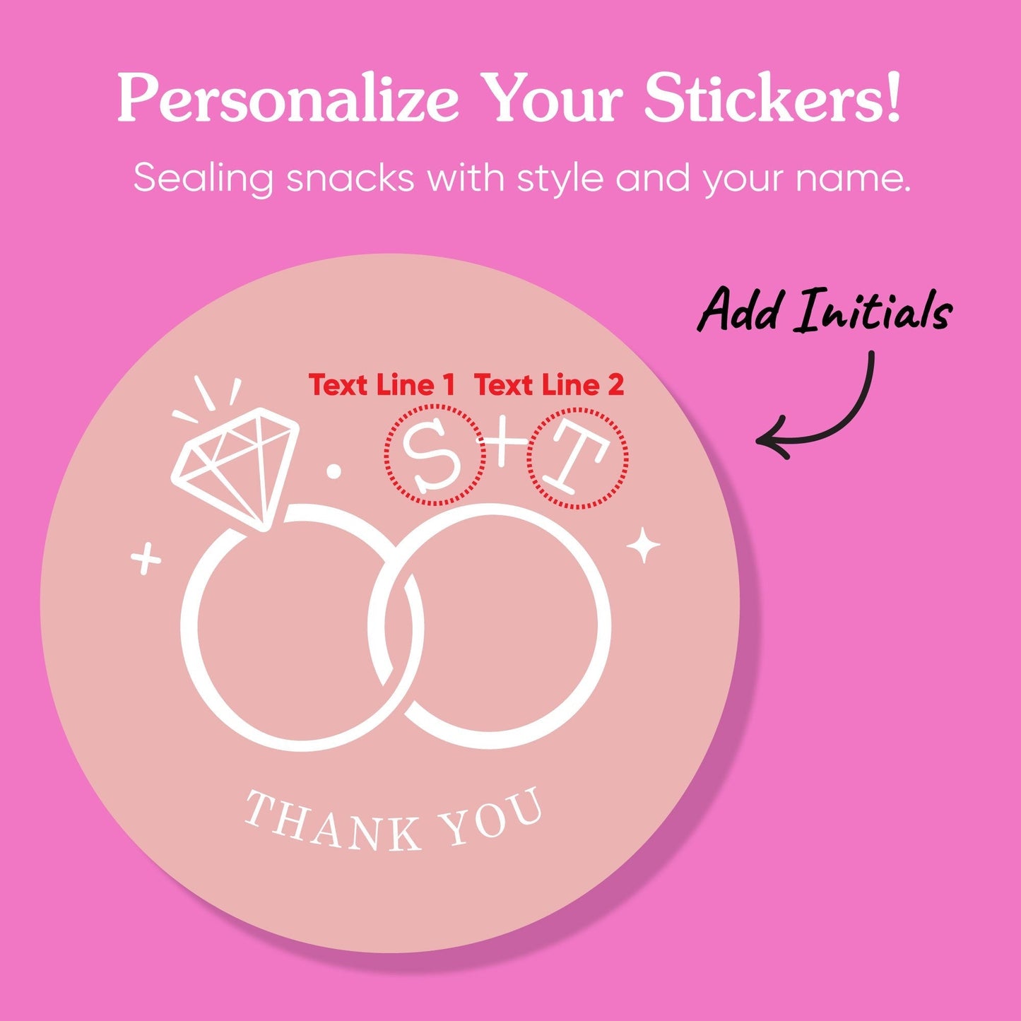 Custom Text Stickers & Clear Cookie Bags - Pink Wedding Rings