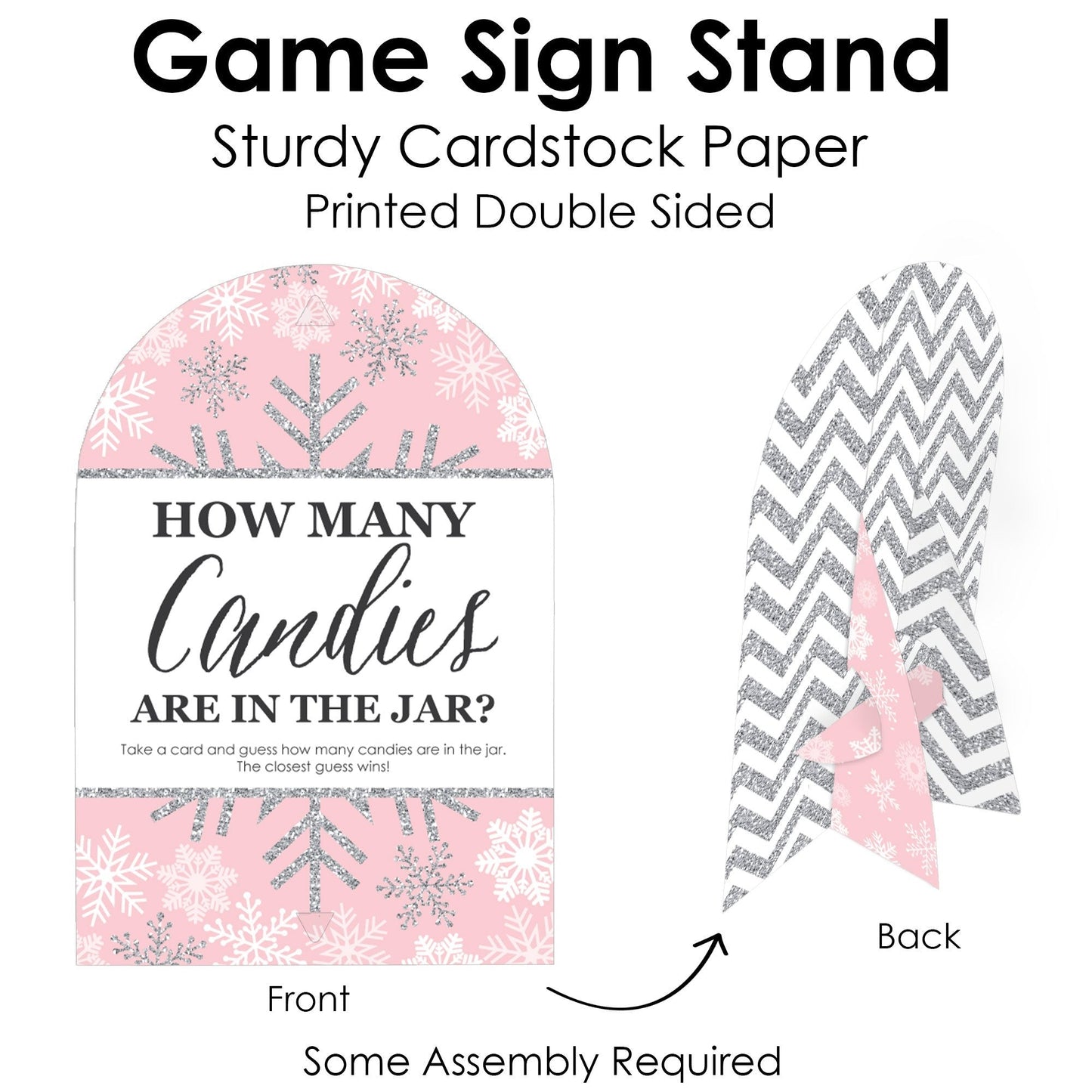 Pink Winter Wonderland - How Many Candies Holiday Snowflake Birthday Party and Baby Shower Game - 1 Stand and 40 Cards - Candy Guessing Game