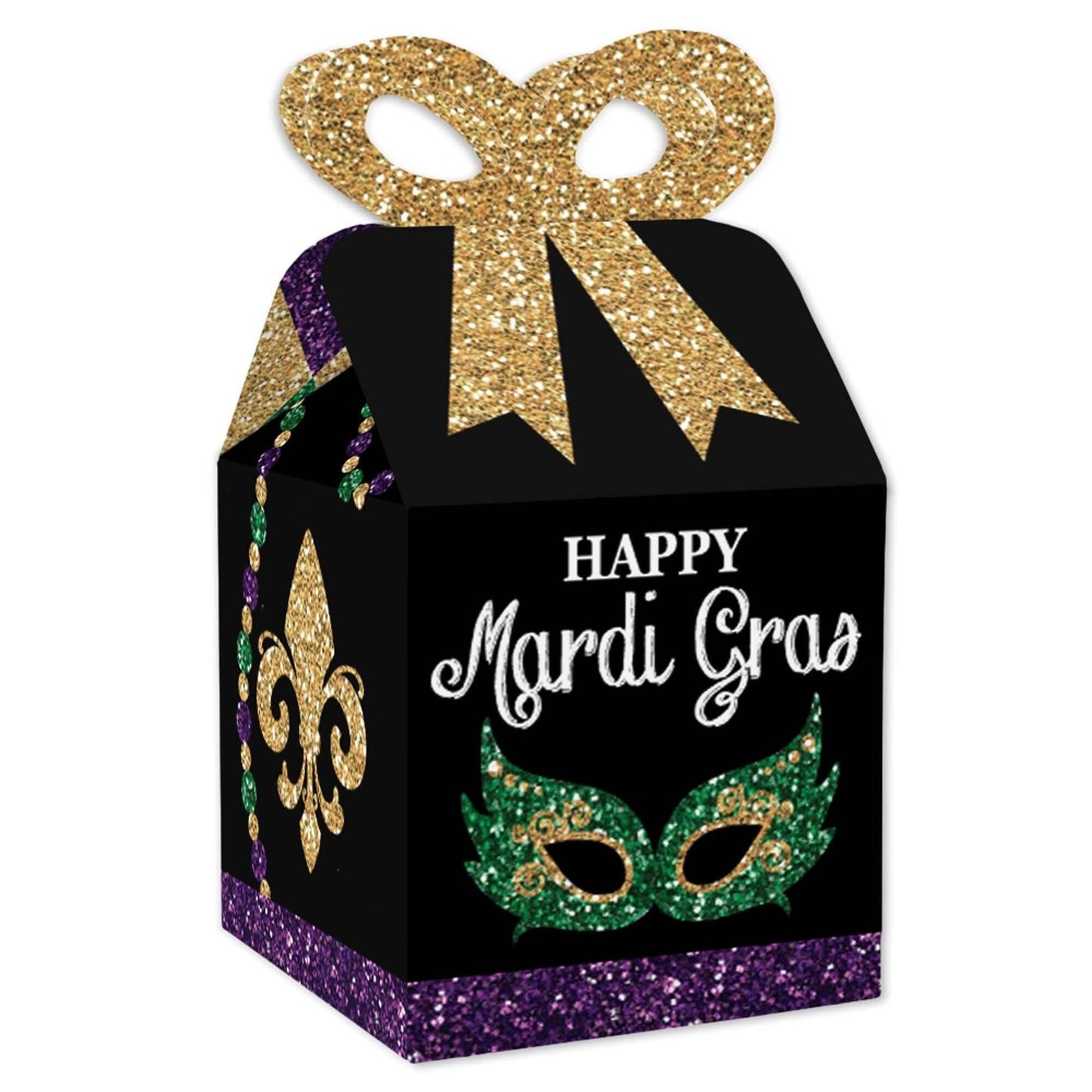 Mardi Gras - Square Favor Gift Boxes - Masquerade Party Bow Boxes - Set of 12