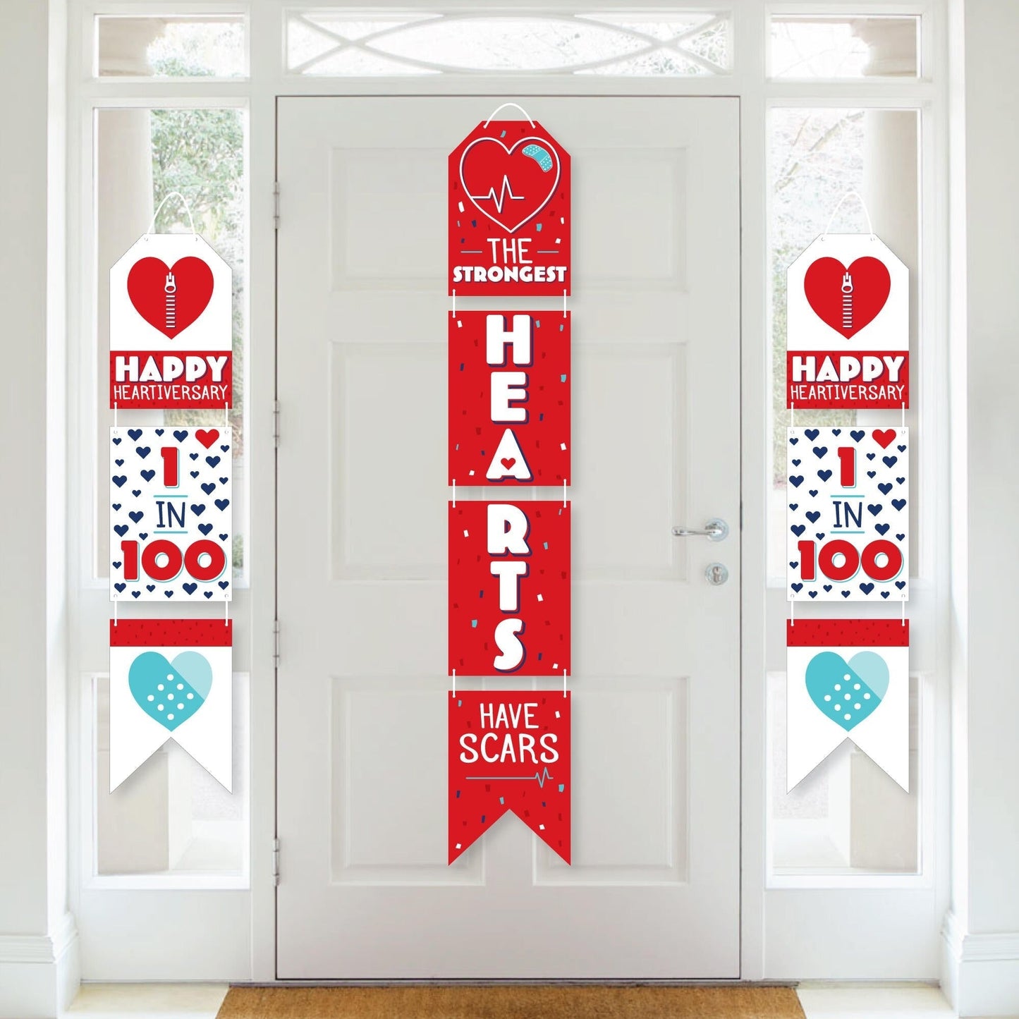 Happy Heartiversary - Hanging Vertical Paper Door Banners - CHD Awareness Wall Decoration Kit - Indoor Door Decor