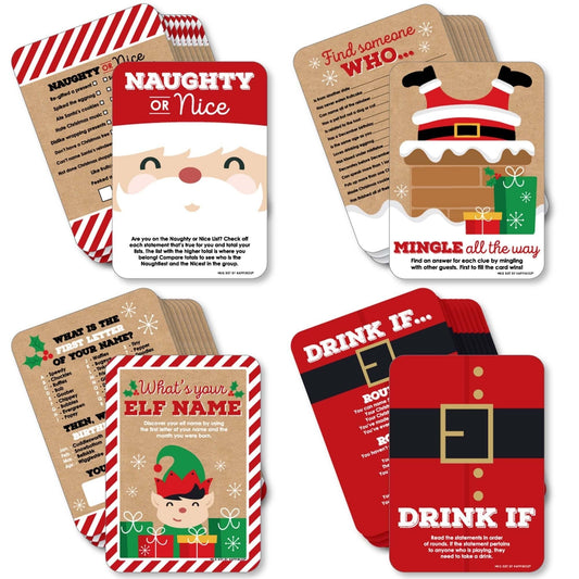 Jolly Santa Claus - 4 Christmas Party Games - 10 Cards Each - Naughty or Nice, Drink If, Mingle All the Way, What's Your Elf Name - Gamerific Bundle