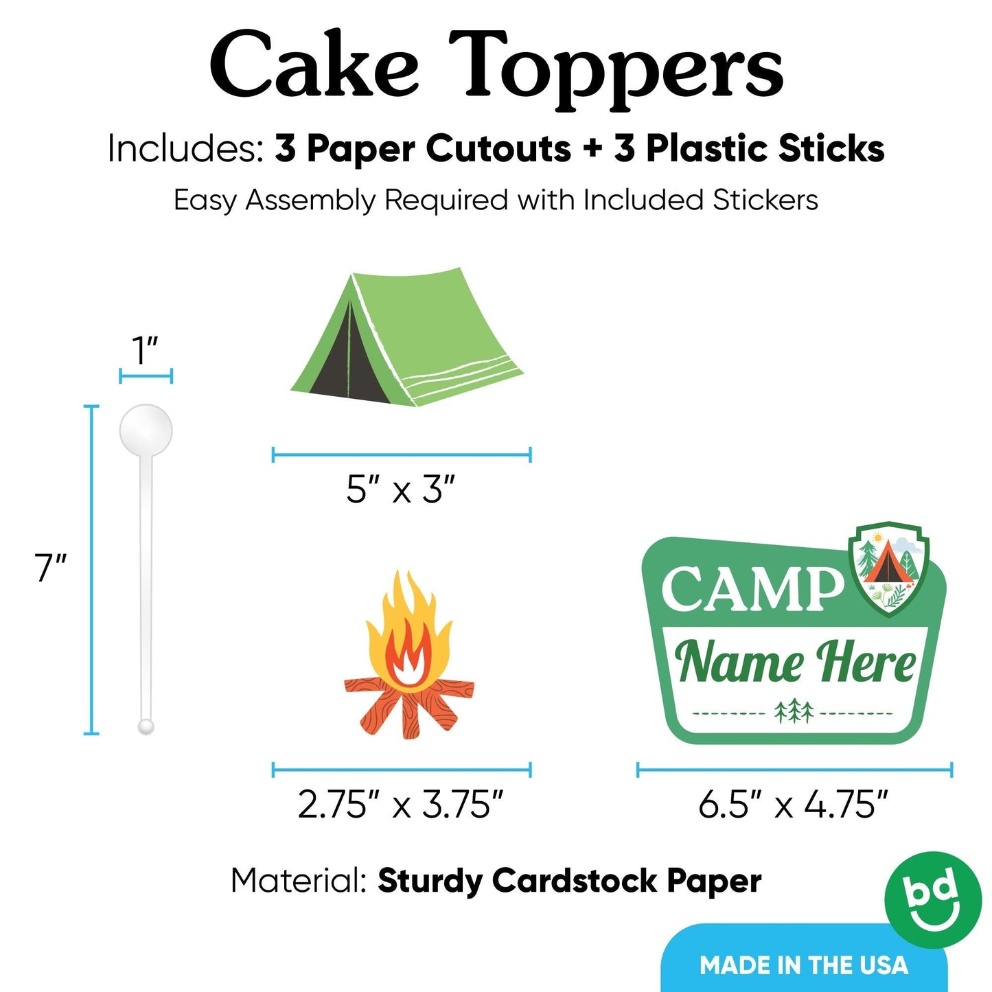Custom Text Camping Cake Topper - 3 Pc