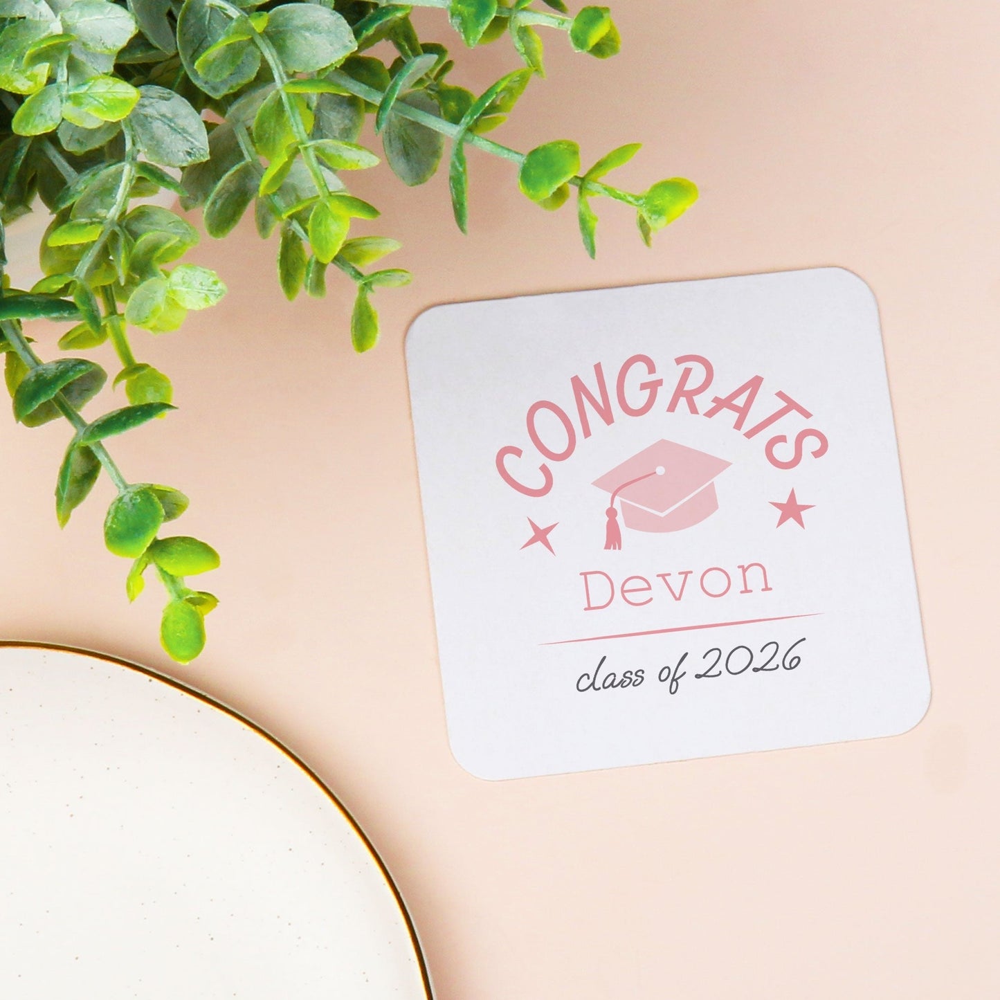 Custom Text Coasters - Pink Graduation - 100 Ct
