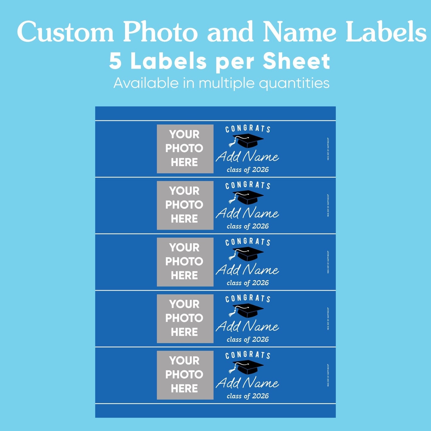 Custom Photo Blue Graduation Water Bottle Labels