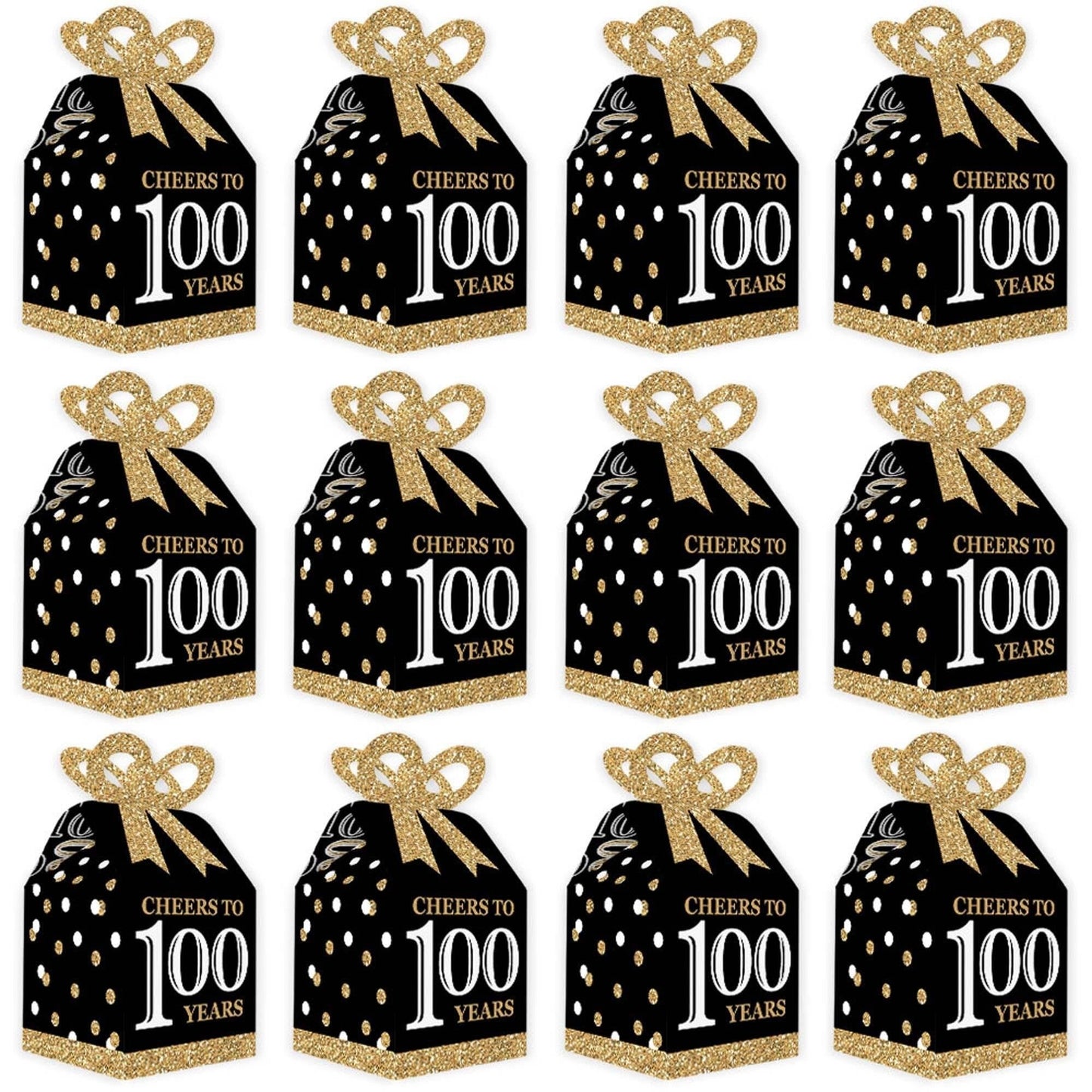 Adult 100th Birthday - Gold - Square Favor Gift Boxes - Birthday Party Bow Boxes - Set of 12