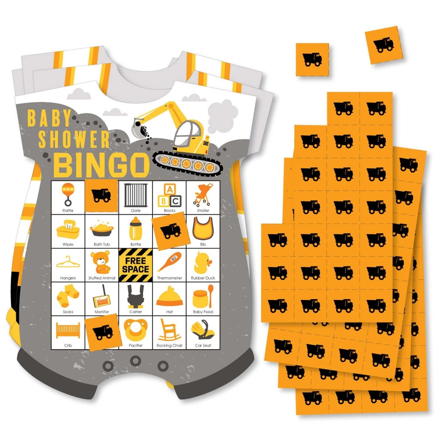 Dig It - Construction Party Zone - Picture Bingo Cards and Markers - Baby Shower Shaped Bingo Game - Set of 18