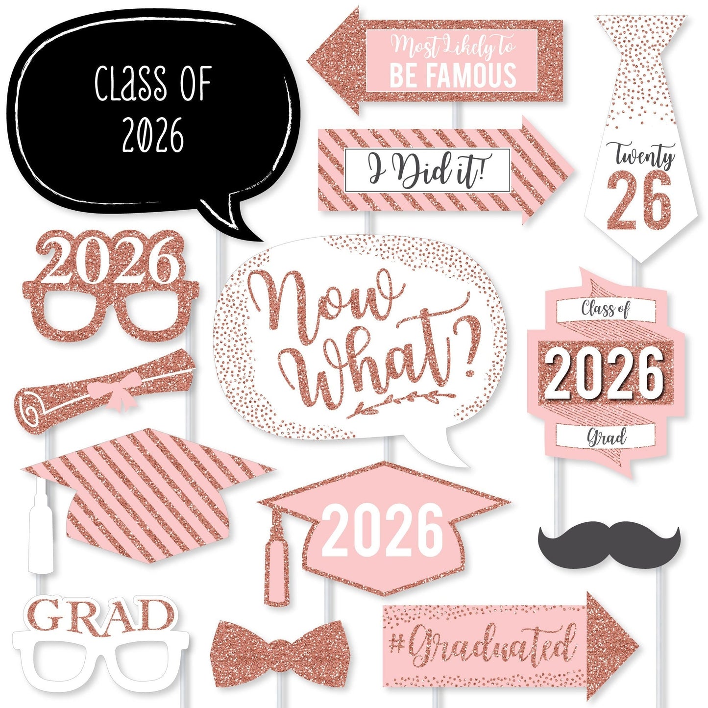 Rose Gold Grad - 2026 Graduation Party Photo Booth Props Kit - 20 Count