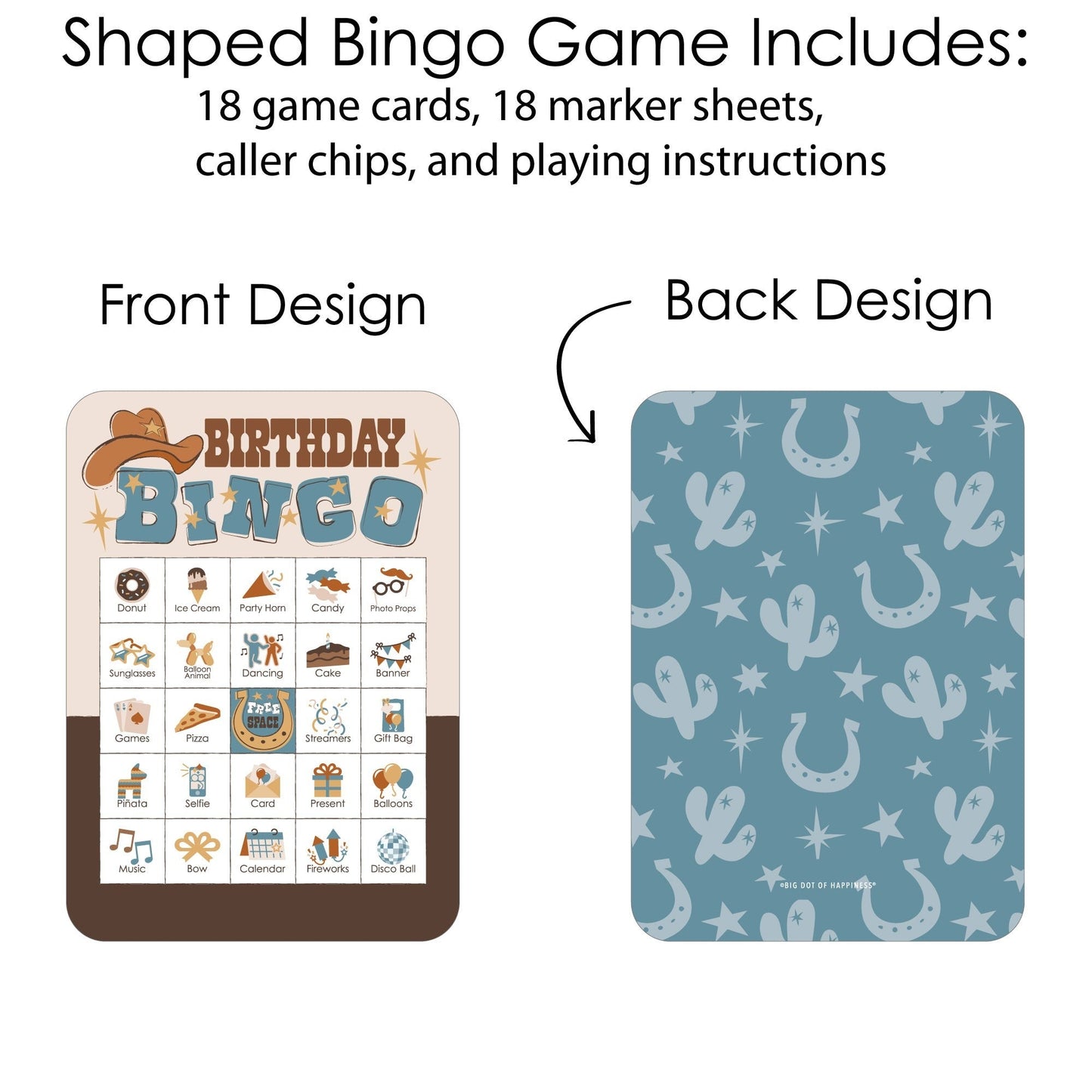 My First Rodeo - Picture Bingo Cards and Markers - Little Cowboy 1st Birthday Party Shaped Bingo Game - Set of 18