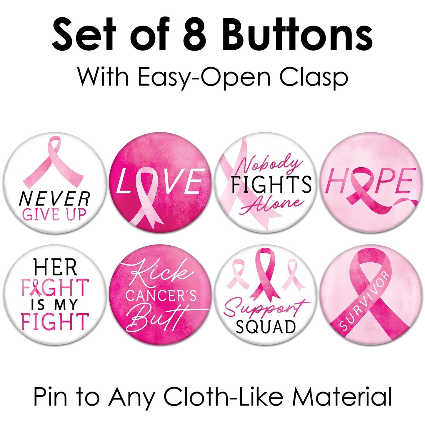 Breast Cancer Awareness Pinback Buttons - 8 Ct
