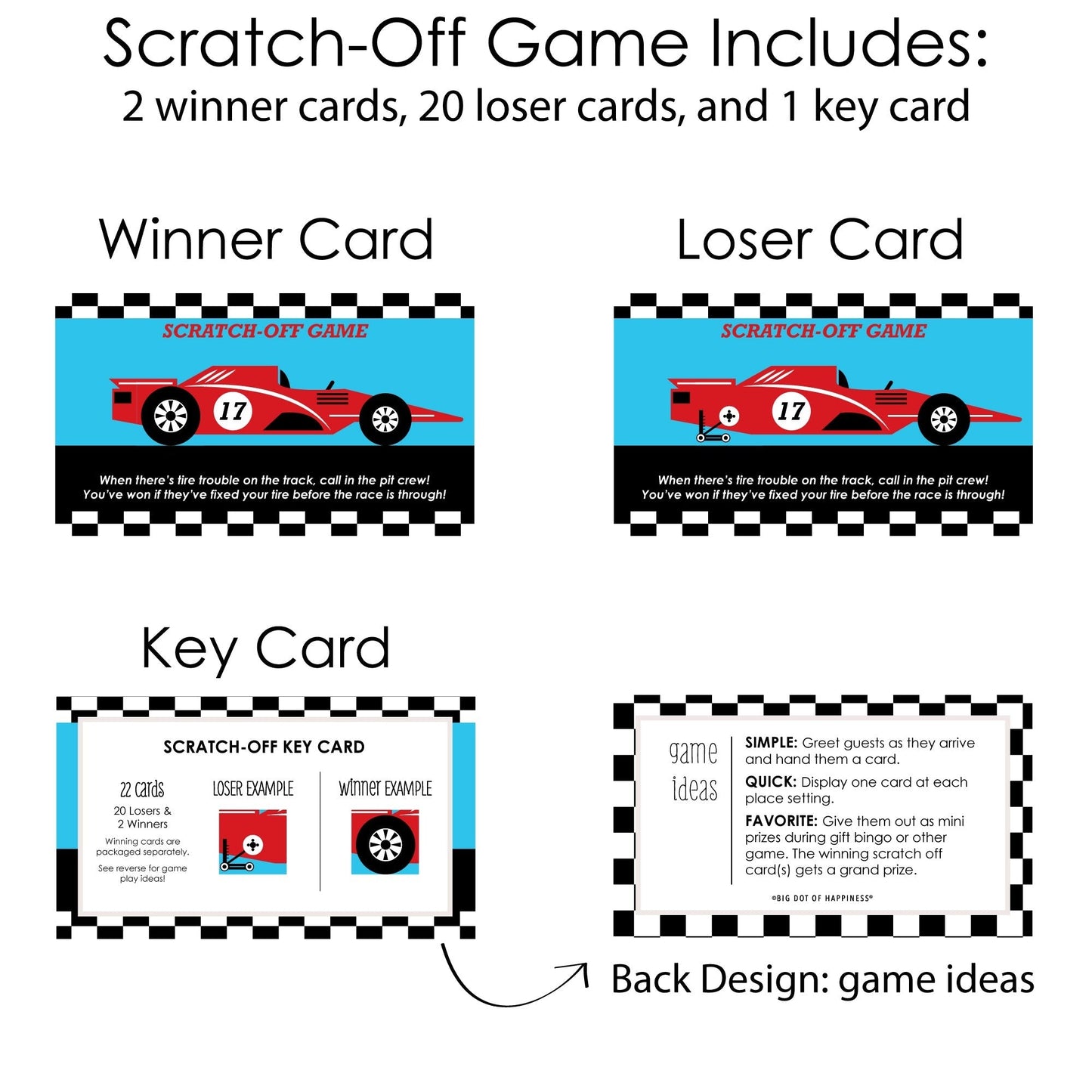 Let's Go Racing - Racecar - Race Car Birthday Party or Baby Shower Scratch Off Cards - 22 Cards