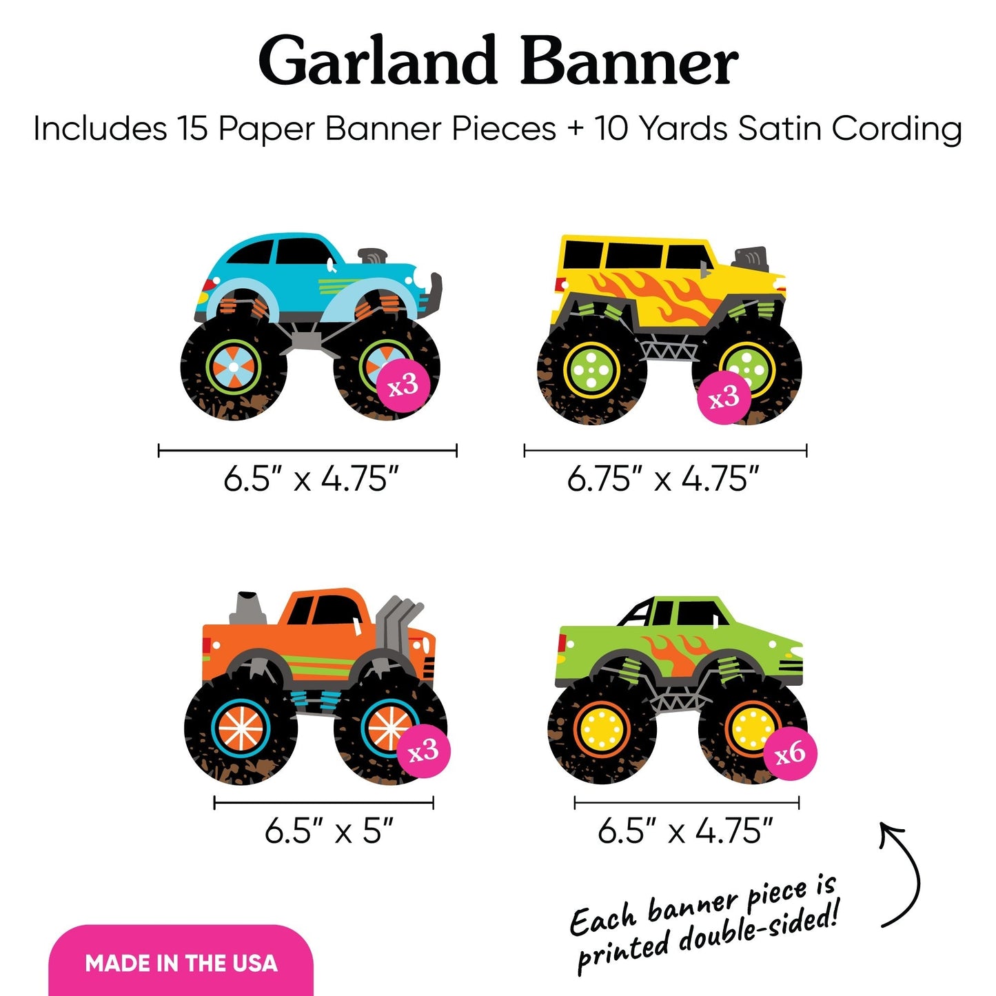 Monster Truck Garland Banner - 15 Pc