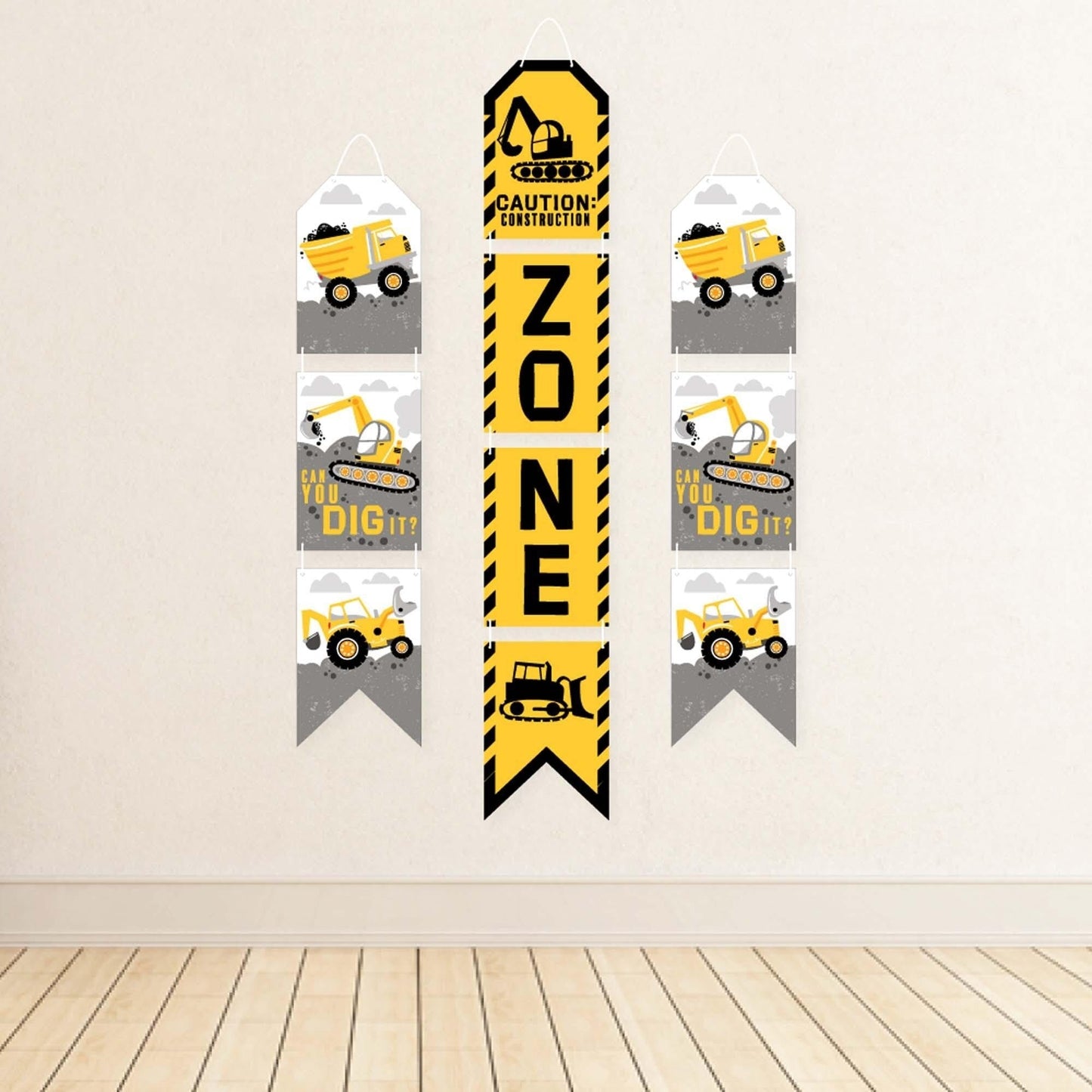 Dig It - Construction Party Zone - Hanging Vertical Paper Door Banners - Baby Shower or Birthday Party Wall Decoration Kit - Indoor Door Decor