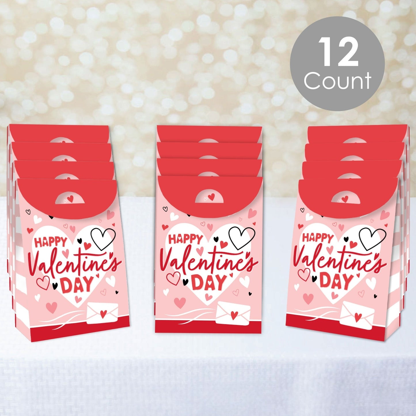 Happy Valentine’s Day - Valentine Hearts Gift Favor Bags - Party Goodie Boxes - Set of 12