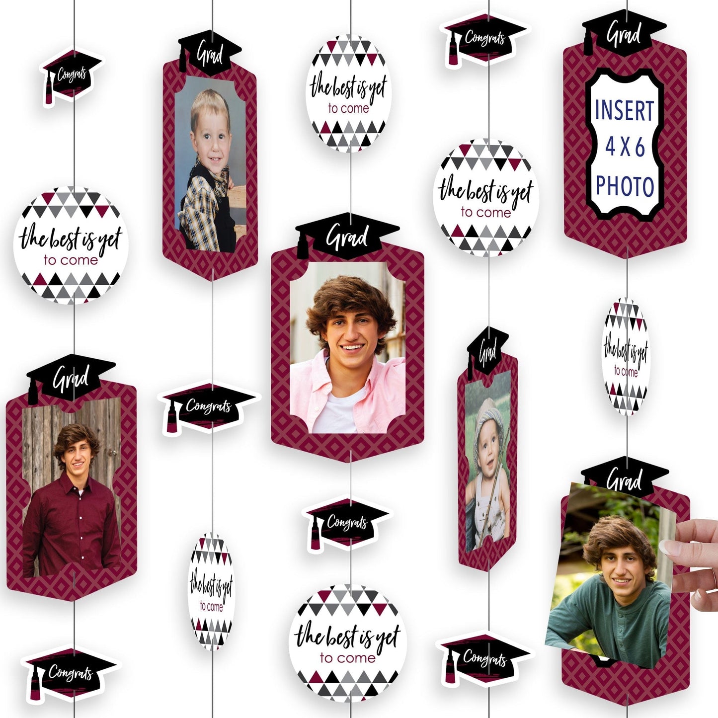 Maroon Grad - Best is Yet to Come - Burgundy Graduation Party DIY Backdrop Decor - Hanging Vertical Photo Garland - 35 Pieces