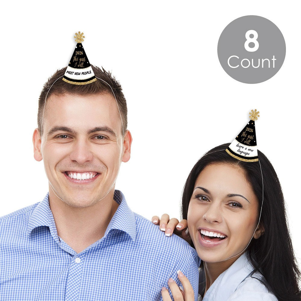 New Year's Eve - Gold - Mini Cone 2026 New Year's Eve Resolution Party Hats - Small Little Party Hats - Set of 8
