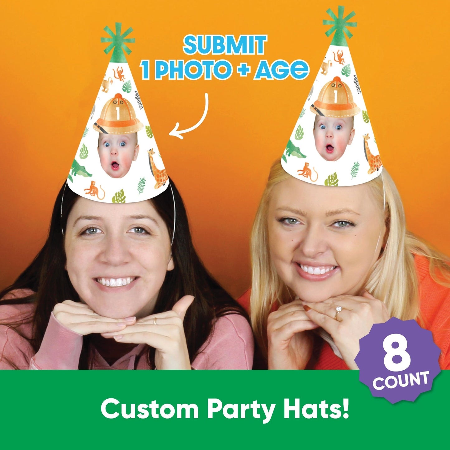 Custom Face Safari Animals Cone Hat - 8 Ct