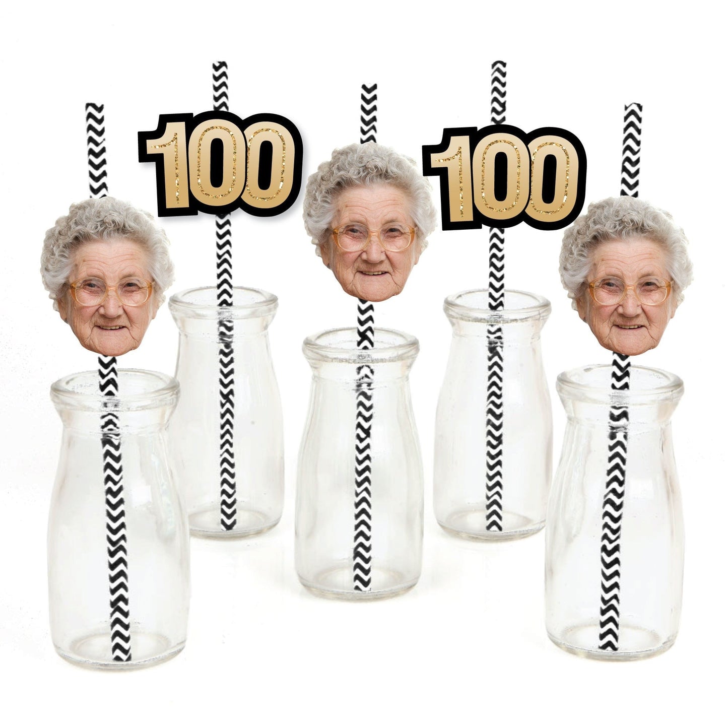 Custom 100th Birthday Face Cutout Straw Decor - 24 Ct