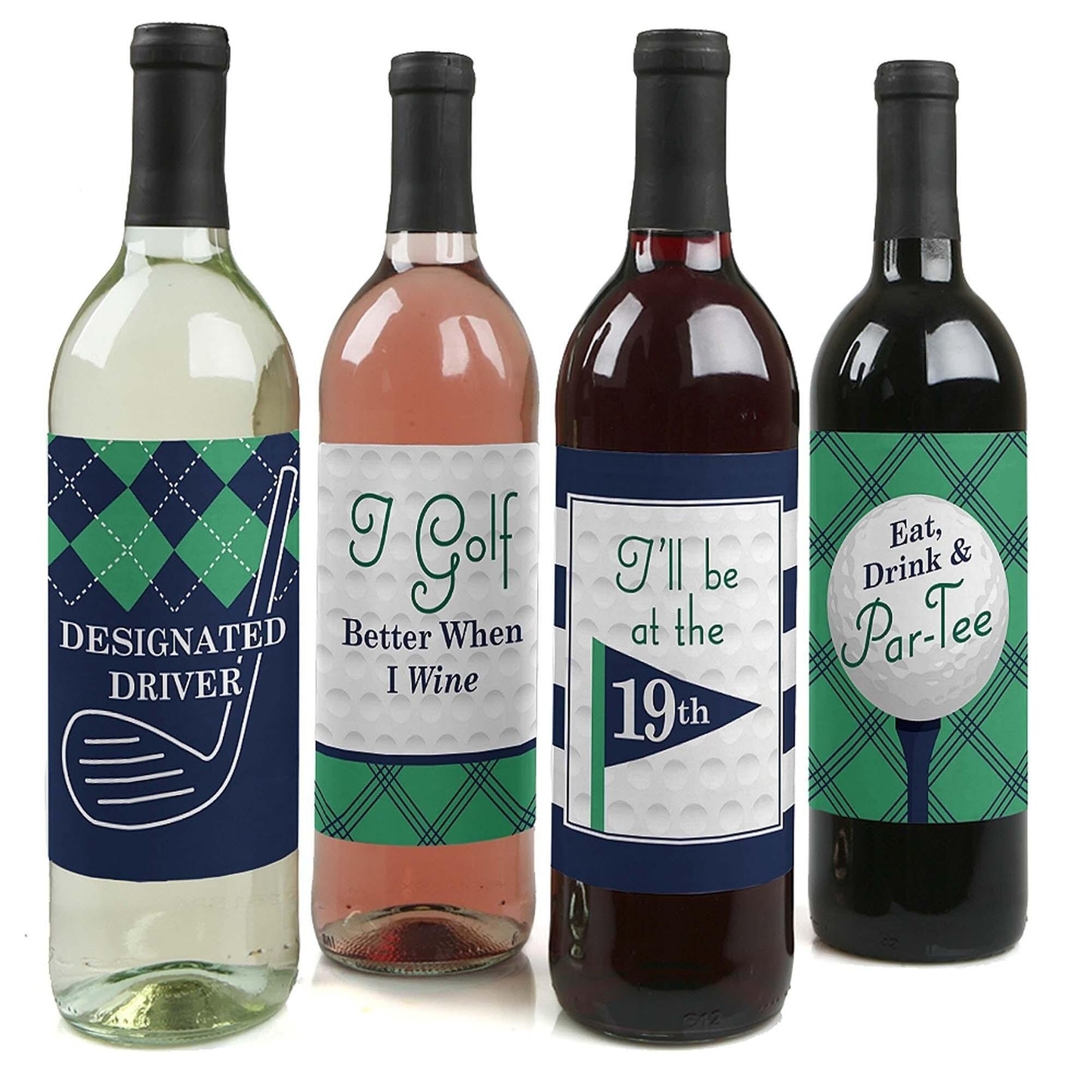 Par-Tee Time - Golf - Birthday or Retirement Party Decorations for Women and Men - Wine Bottle Label Stickers - Set of 4
