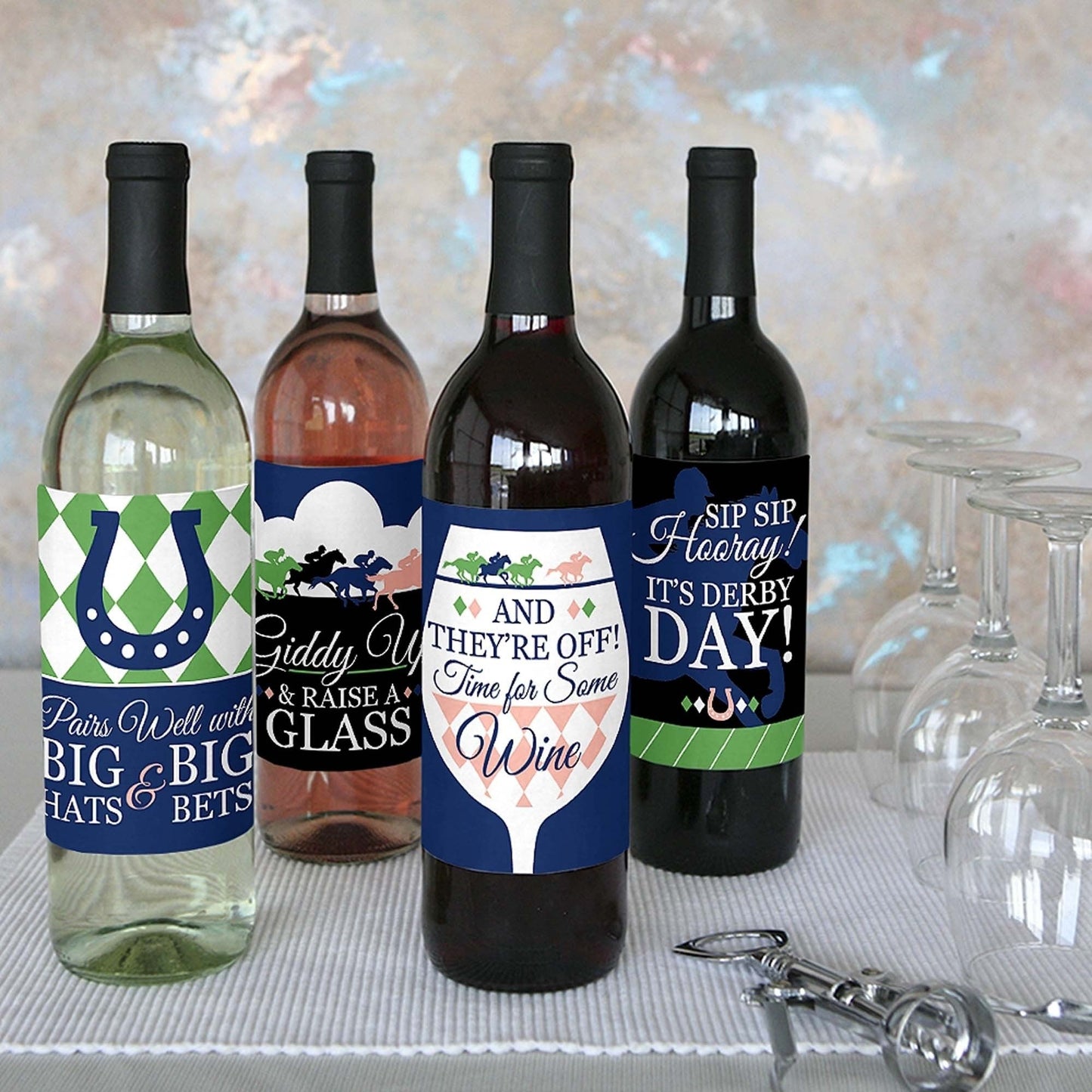 Kentucky Horse Derby - Horse Race Party Decorations for Women and Men - Wine Bottle Label Stickers - Set of 4