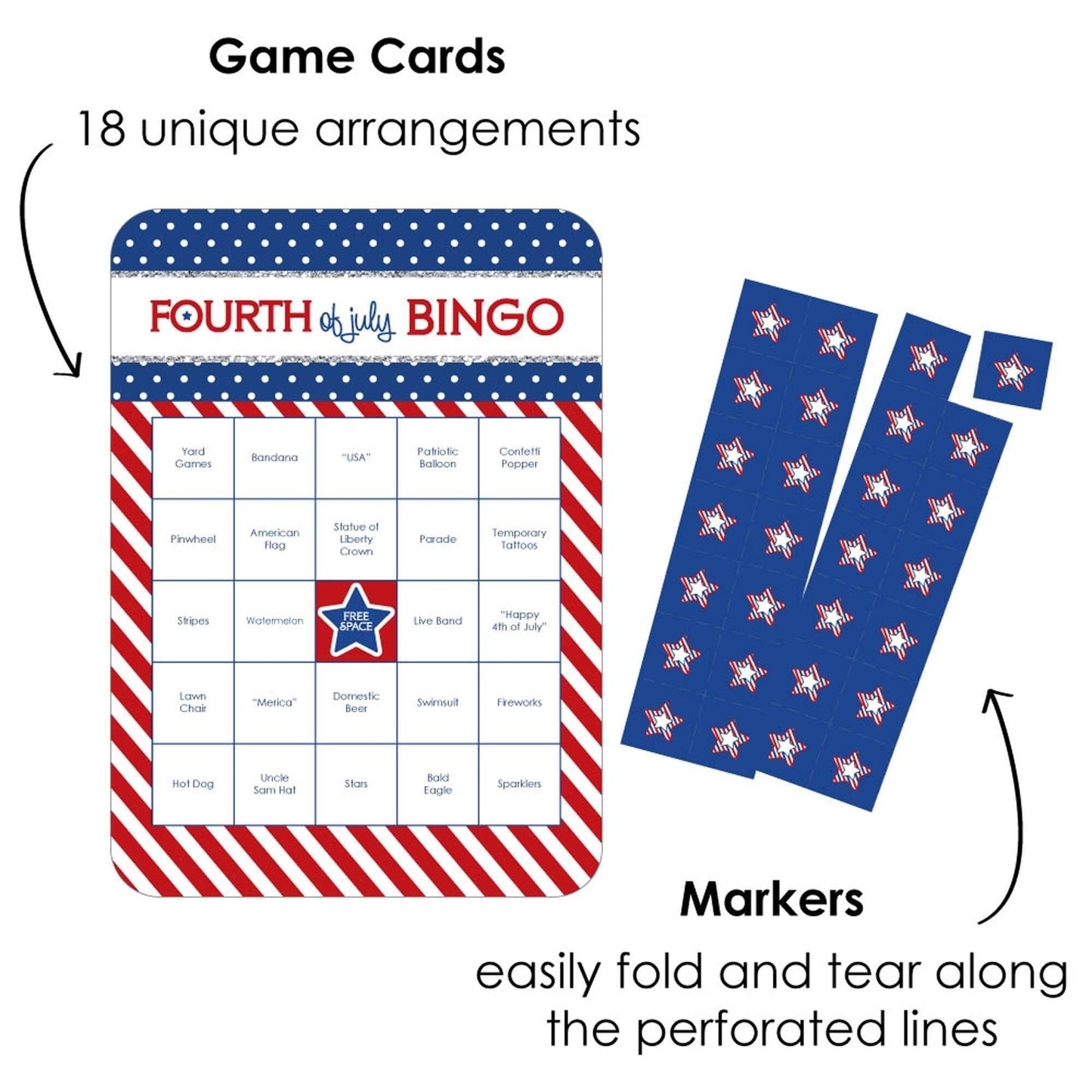 4th of July - Bar Bingo Cards and Markers - Independence Day Bingo Game - Set of 18