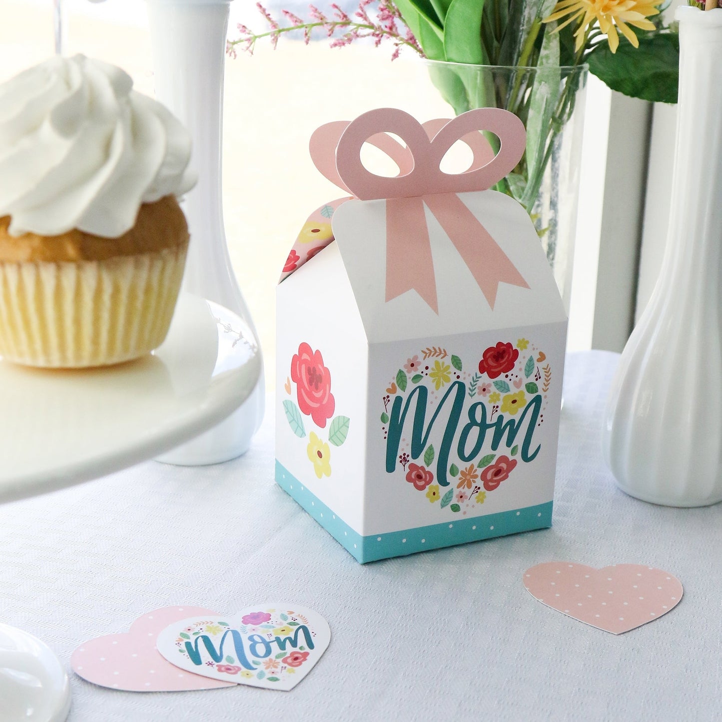 Colorful Floral Happy Mother's Day - Square Favor Gift Boxes - We Love Mom Party Bow Boxes - Set of 12