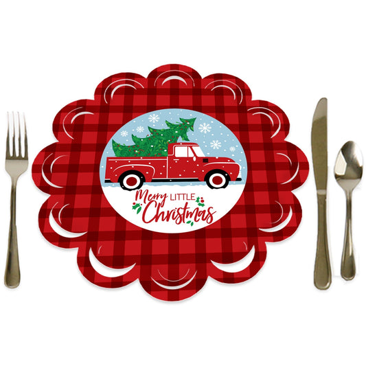 Merry Little Christmas Tree - Red Truck Christmas Party Round Table Decorations - Paper Chargers - Place Setting For 12