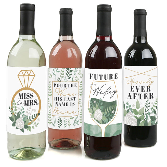 Boho Botanical Bride - Greenery Bridal Shower and Wedding Party Decorations for Women and Men - Wine Bottle Label Stickers - Set of 4