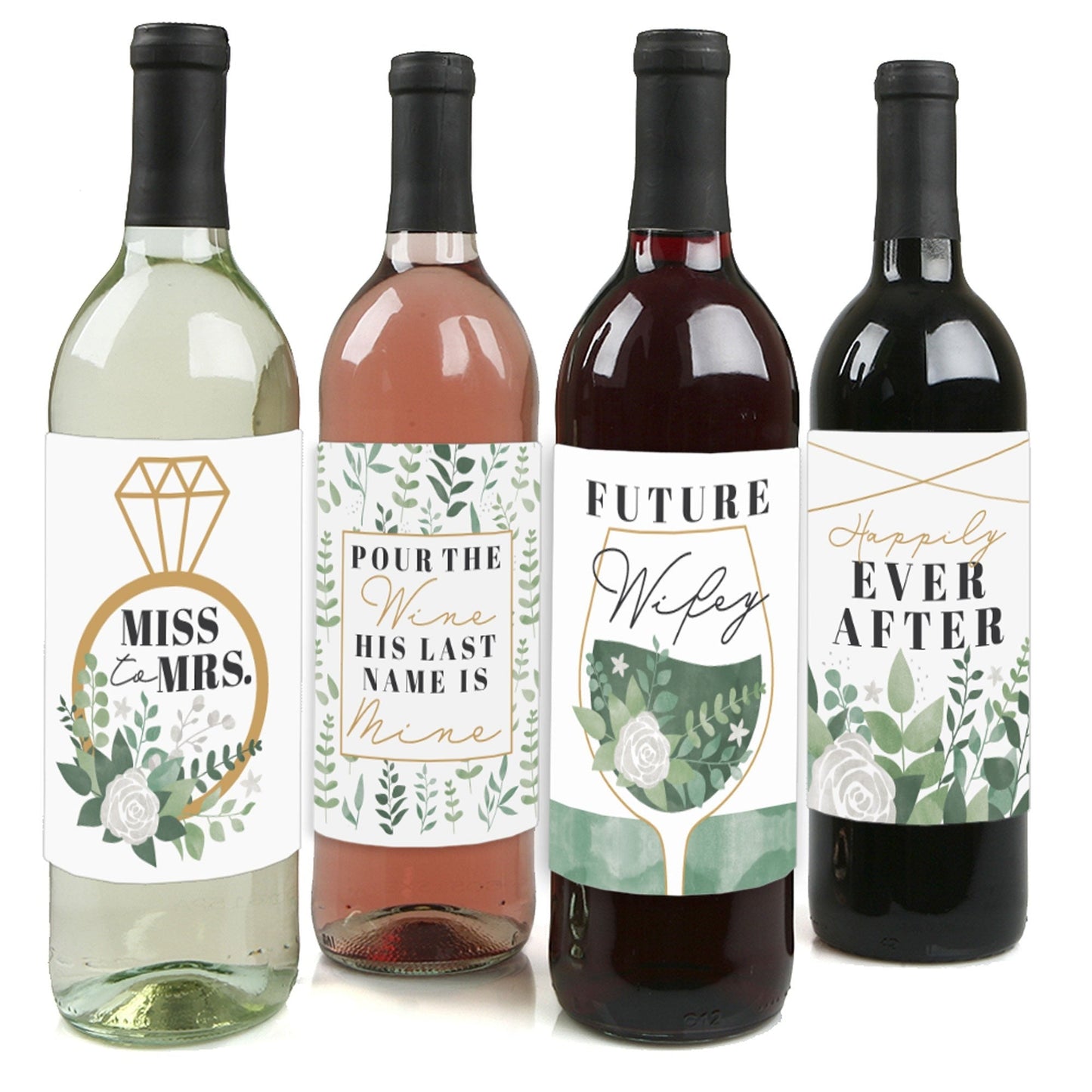 Boho Botanical Bride - Greenery Bridal Shower and Wedding Party Decorations for Women and Men - Wine Bottle Label Stickers - Set of 4