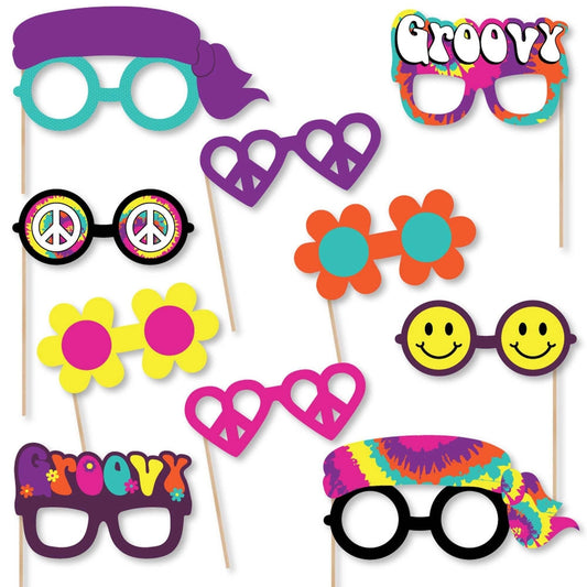 60's Hippie Glasses - Paper Card Stock 1960s Groovy Party Photo Booth Props Kit - 10 Count