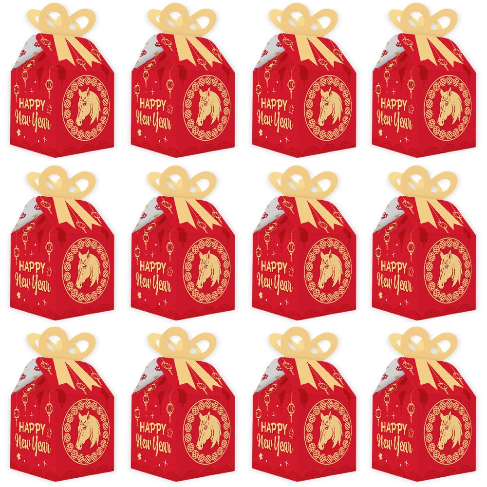 Lunar New Year - Square Favor Gift Boxes - 2026 Year of the Horse Bow Boxes - Set of 12