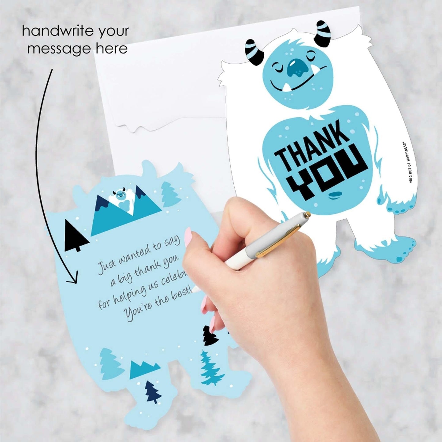 Yeti to Party - Shaped Thank You Cards - Abominable Snowman Party or Birthday Party Thank You Note Cards with Envelopes - Set of 12