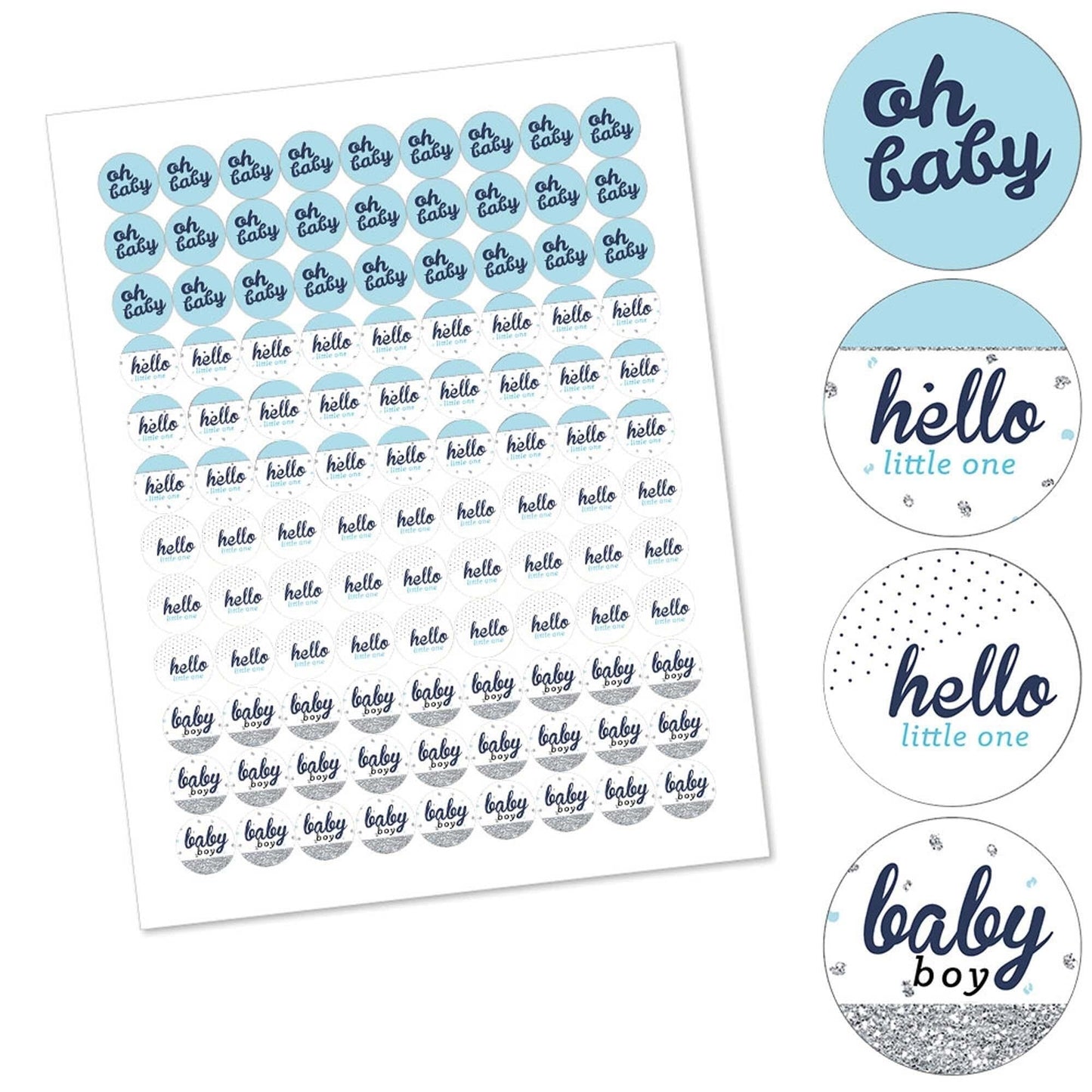 Hello Little One - Blue and Silver - Round Candy Labels Party Favors - Fits Hershey's Kisses - 108 ct
