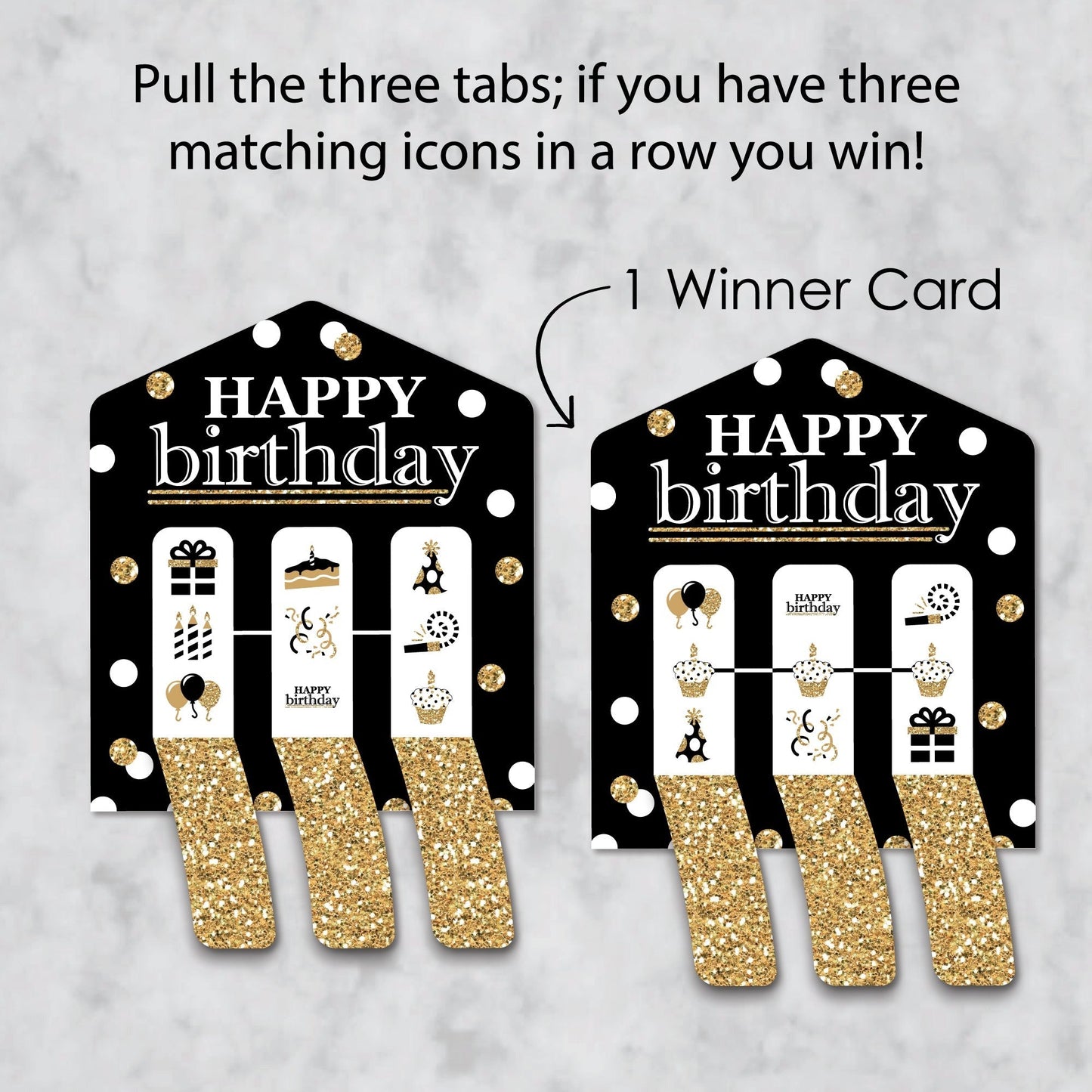 Adult Happy Birthday - Gold - Birthday Party Game Pickle Cards - Pull Tabs 3-in-a-Row - Set of 12
