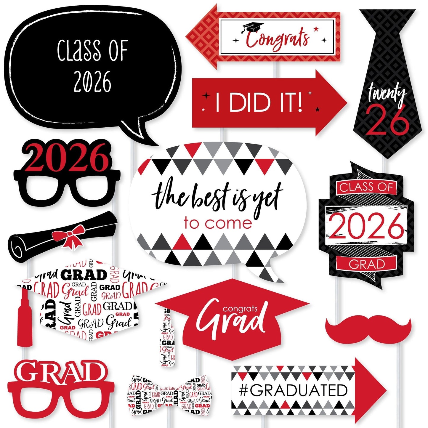 Red Grad - 2026 Graduation Party Photo Booth Props Kit - 20 Count