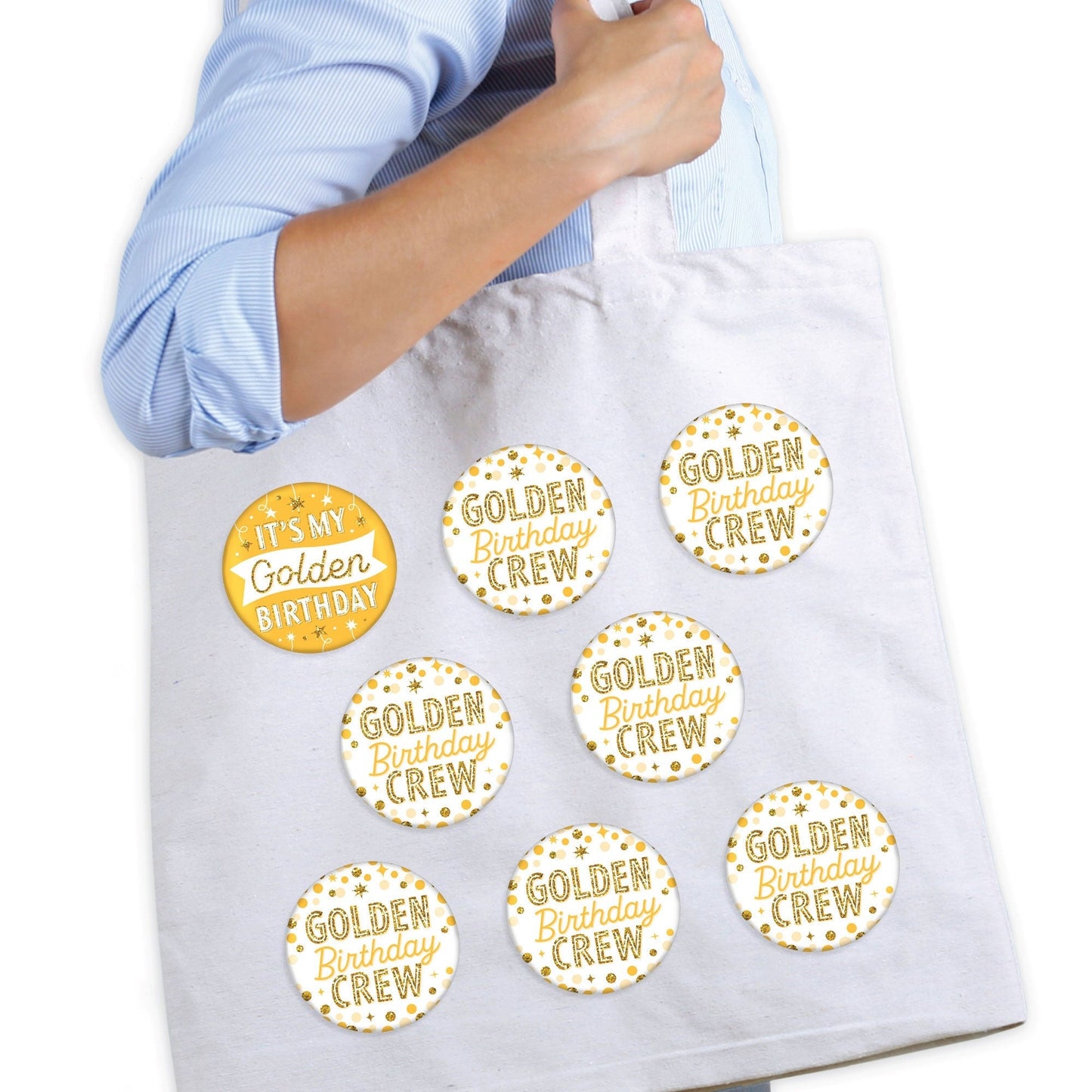 Golden Birthday - 3 inch Happy Birthday Party Badge - Pinback Buttons - Set of 8