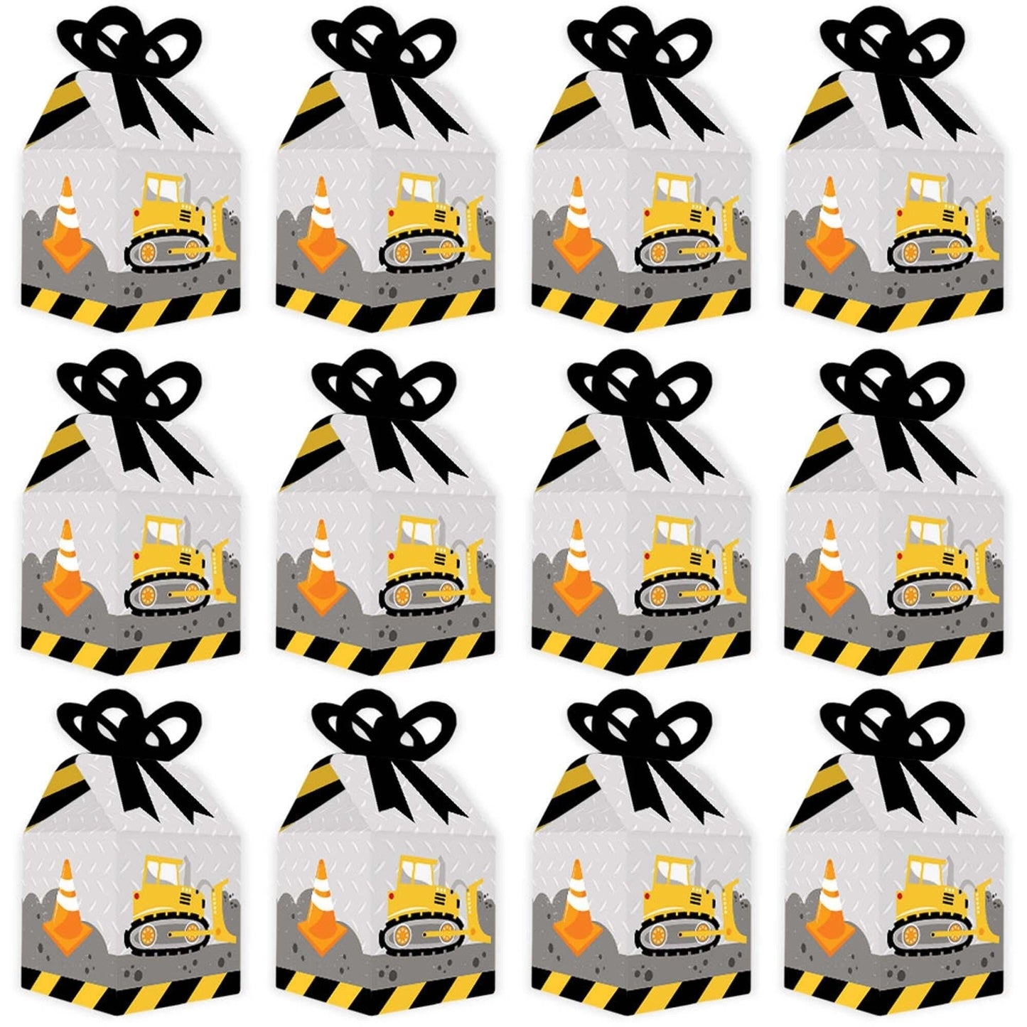 Dig It - Construction Party Zone - Square Favor Gift Boxes - Baby Shower or Birthday Party Bow Boxes - Set of 12