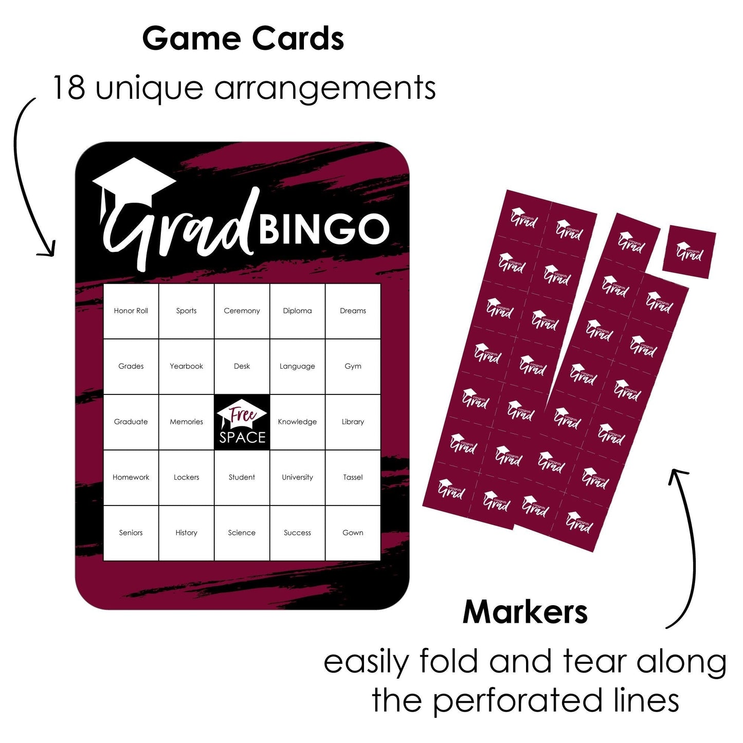 Maroon Grad - Best is Yet to Come - Bingo Cards and Markers - Burgundy Graduation Party Shaped Bingo Game - Set of 18
