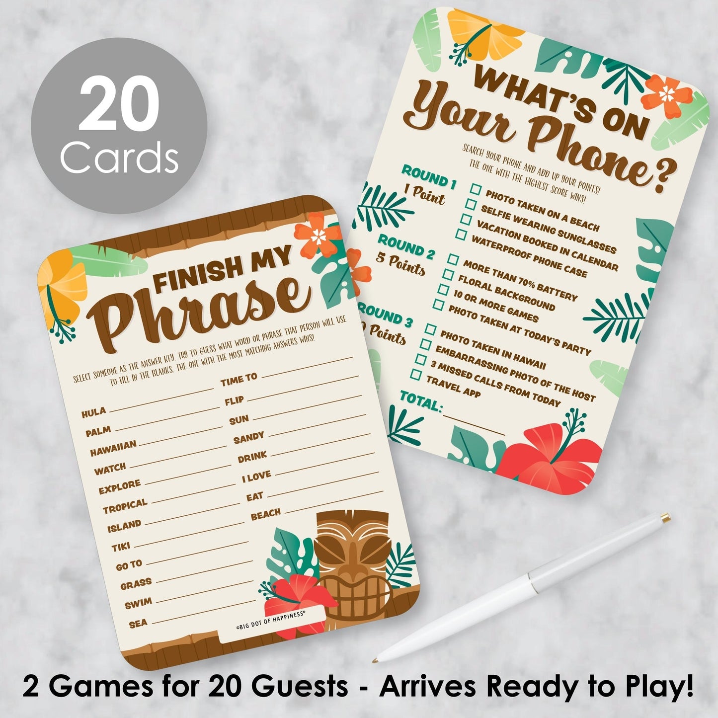 Tropical Luau - 2-in-1 Hawaiian Beach Party Cards - Activity Duo Games - Set of 20