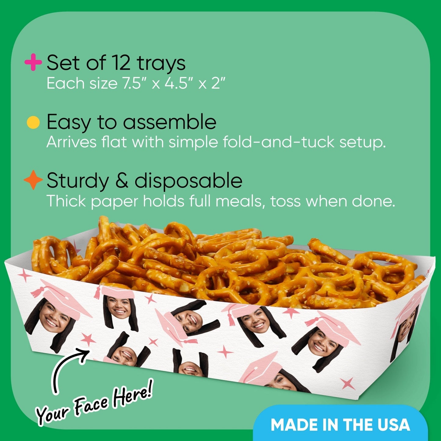 Custom Face Pink Graduation Paper Food Trays - 12 Ct