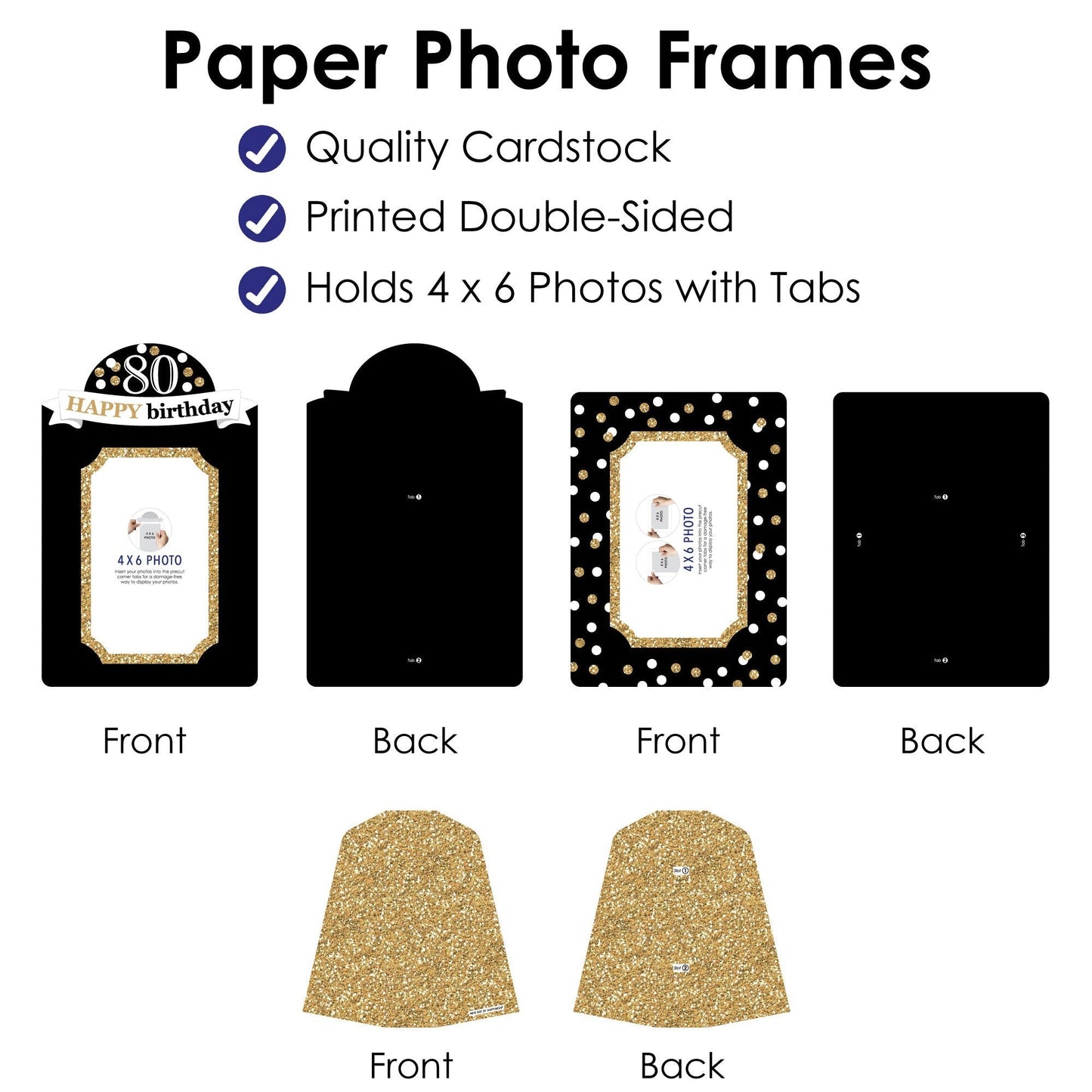 Adult 80th Birthday - Gold - Birthday Party 4x6 Picture Display - Paper Photo Frames - Set of 12