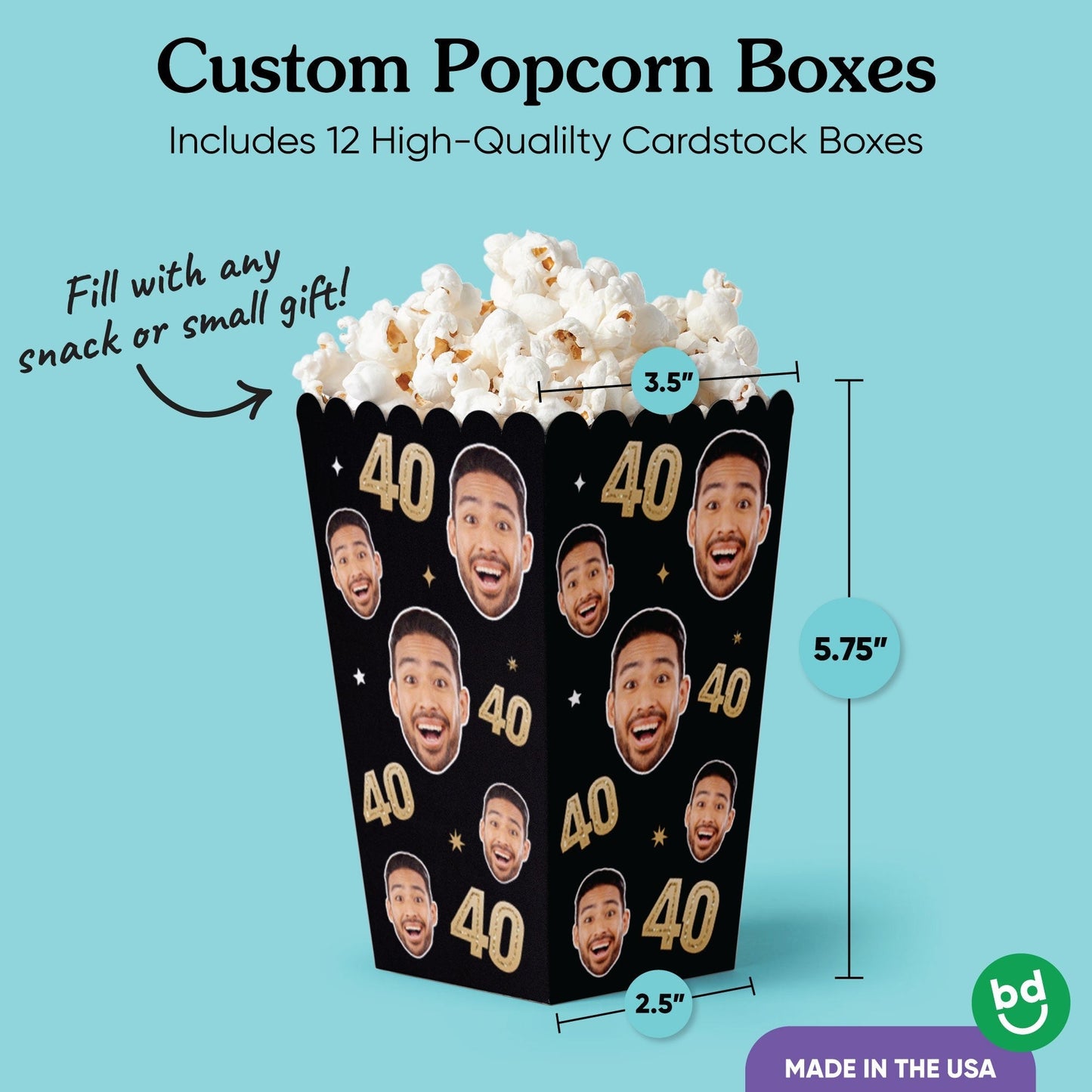 Custom Face 40th Birthday Popcorn Box - 12 Ct