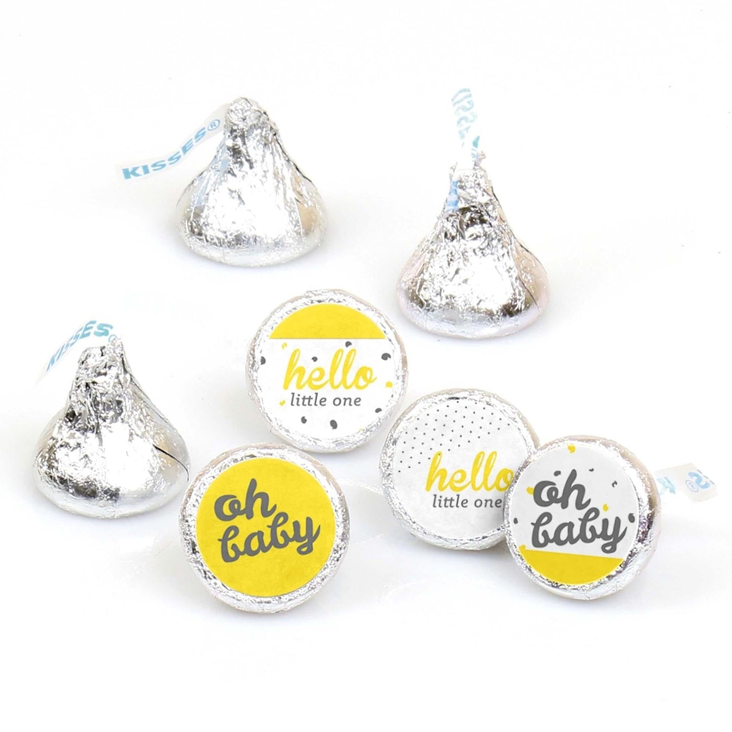 Hello Little One - Blue and Silver - Round Candy Labels Party Favors - Fits Hershey's Kisses - 108 ct